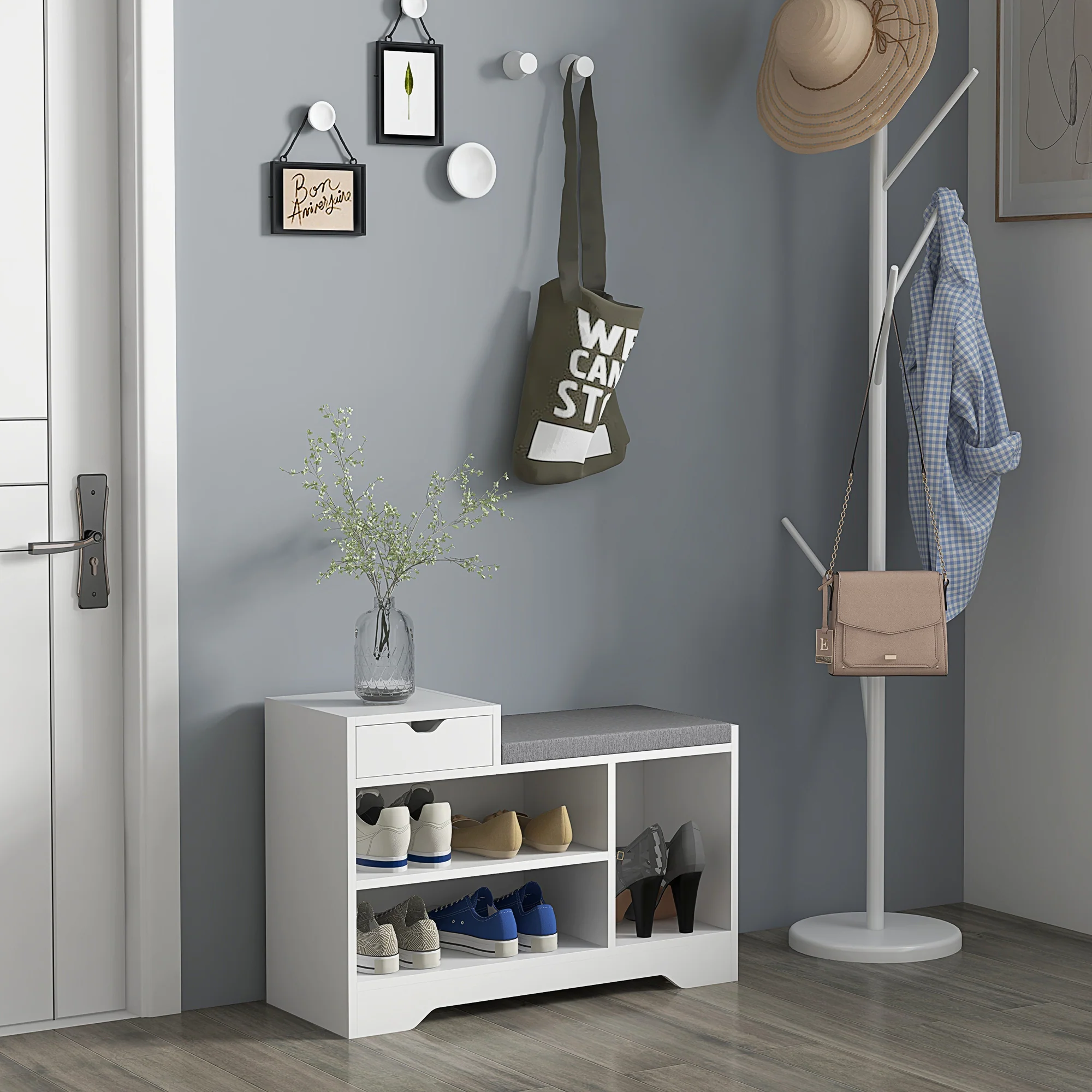Banc à chaussures, banc de rangement, 1 tiroir et 3 compartiments, meuble d'entrée avec coussin rembourrée, pour couloir, entrée, chambre, 76,5 x 30 x 52 cm, blanc - Image 3