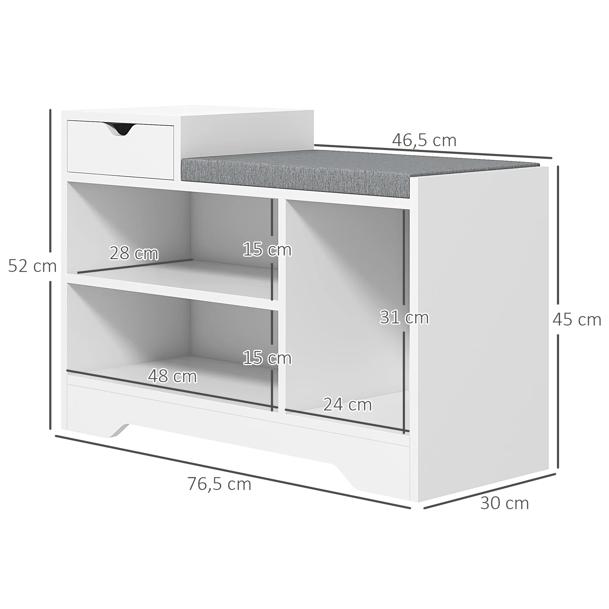 Banc à chaussures, banc de rangement, 1 tiroir et 3 compartiments, meuble d'entrée avec coussin rembourrée, pour couloir, entrée, chambre, 76,5 x 30 x 52 cm, blanc - Image 4
