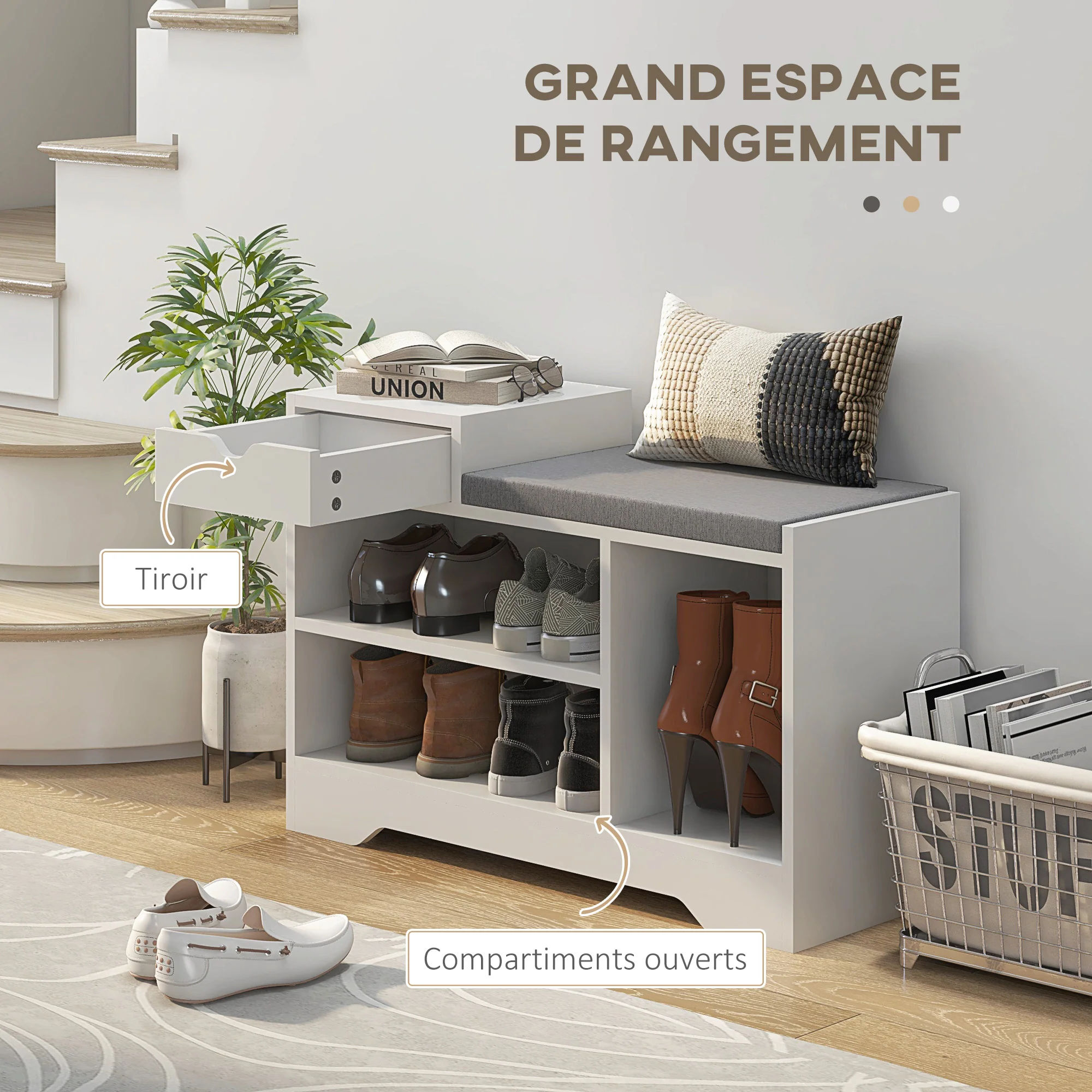 Banc à chaussures, banc de rangement, 1 tiroir et 3 compartiments, meuble d'entrée avec coussin rembourrée, pour couloir, entrée, chambre, 76,5 x 30 x 52 cm, blanc - Image 5