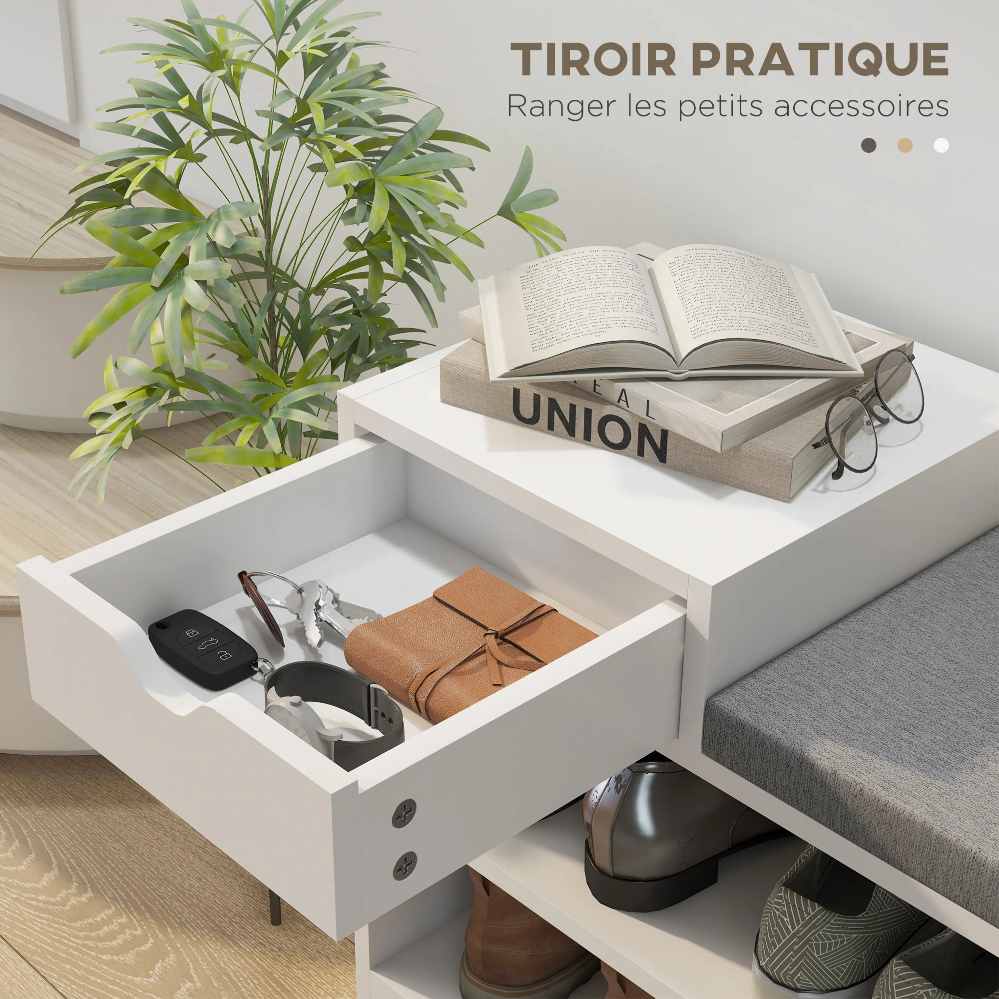 Banc à chaussures, banc de rangement, 1 tiroir et 3 compartiments, meuble d'entrée avec coussin rembourrée, pour couloir, entrée, chambre, 76,5 x 30 x 52 cm, blanc - Image 6