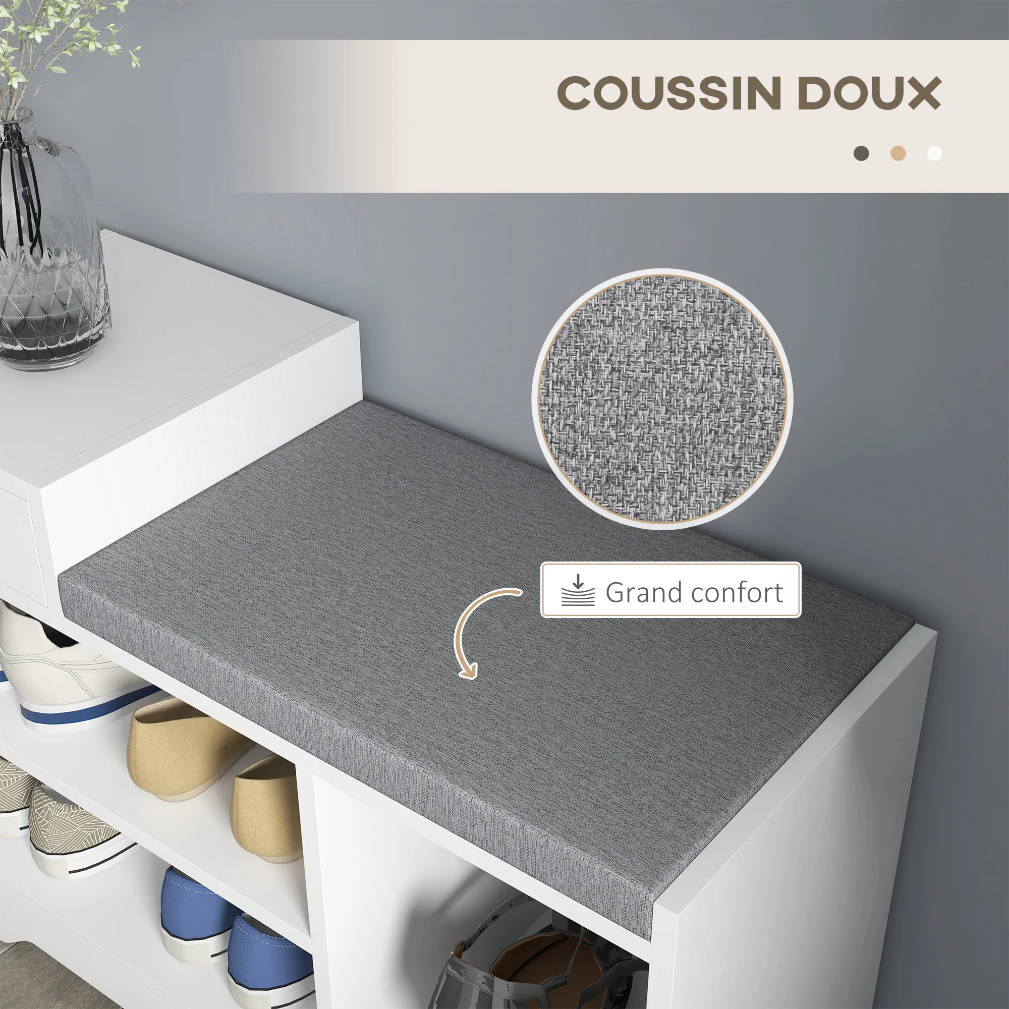 Banc à chaussures, banc de rangement, 1 tiroir et 3 compartiments, meuble d'entrée avec coussin rembourrée, pour couloir, entrée, chambre, 76,5 x 30 x 52 cm, blanc - Image 7
