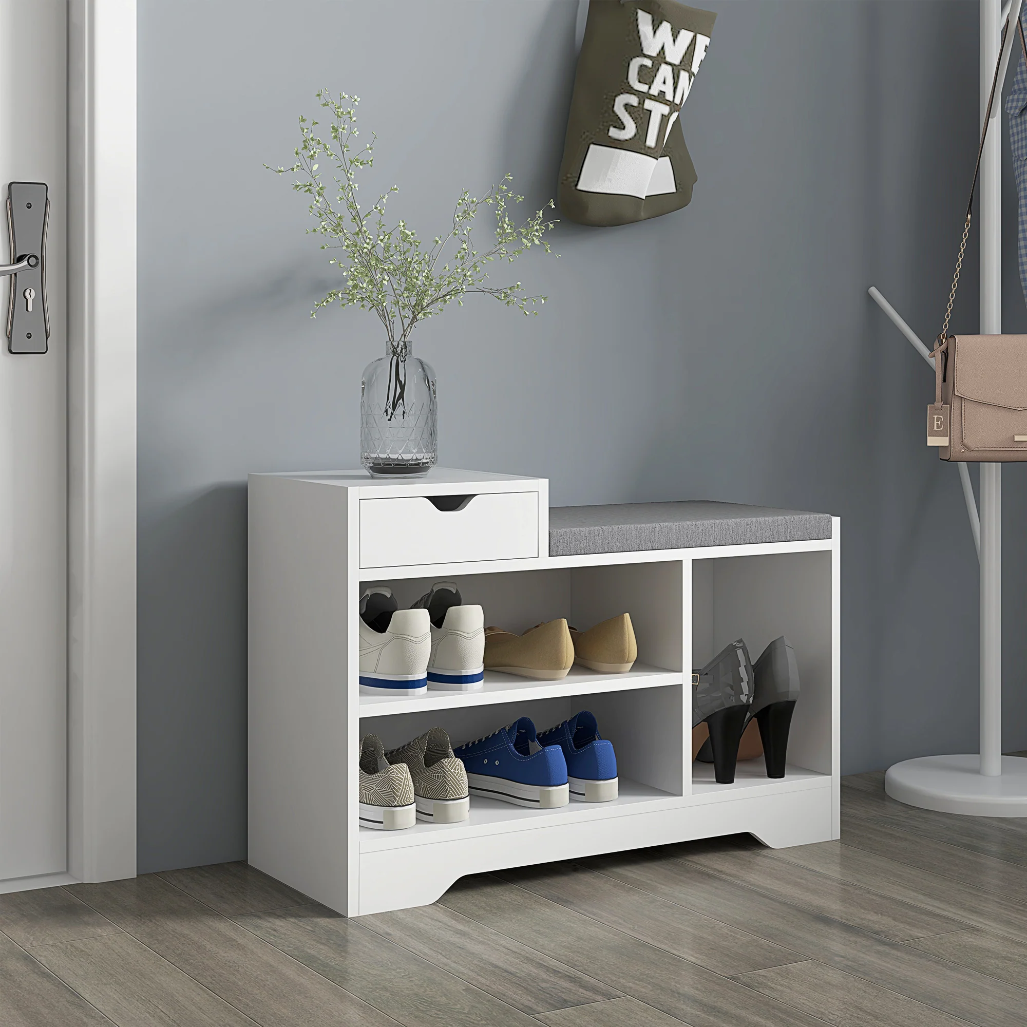 Banc à chaussures, banc de rangement, 1 tiroir et 3 compartiments, meuble d'entrée avec coussin rembourrée, pour couloir, entrée, chambre, 76,5 x 30 x 52 cm, blanc - Image 8