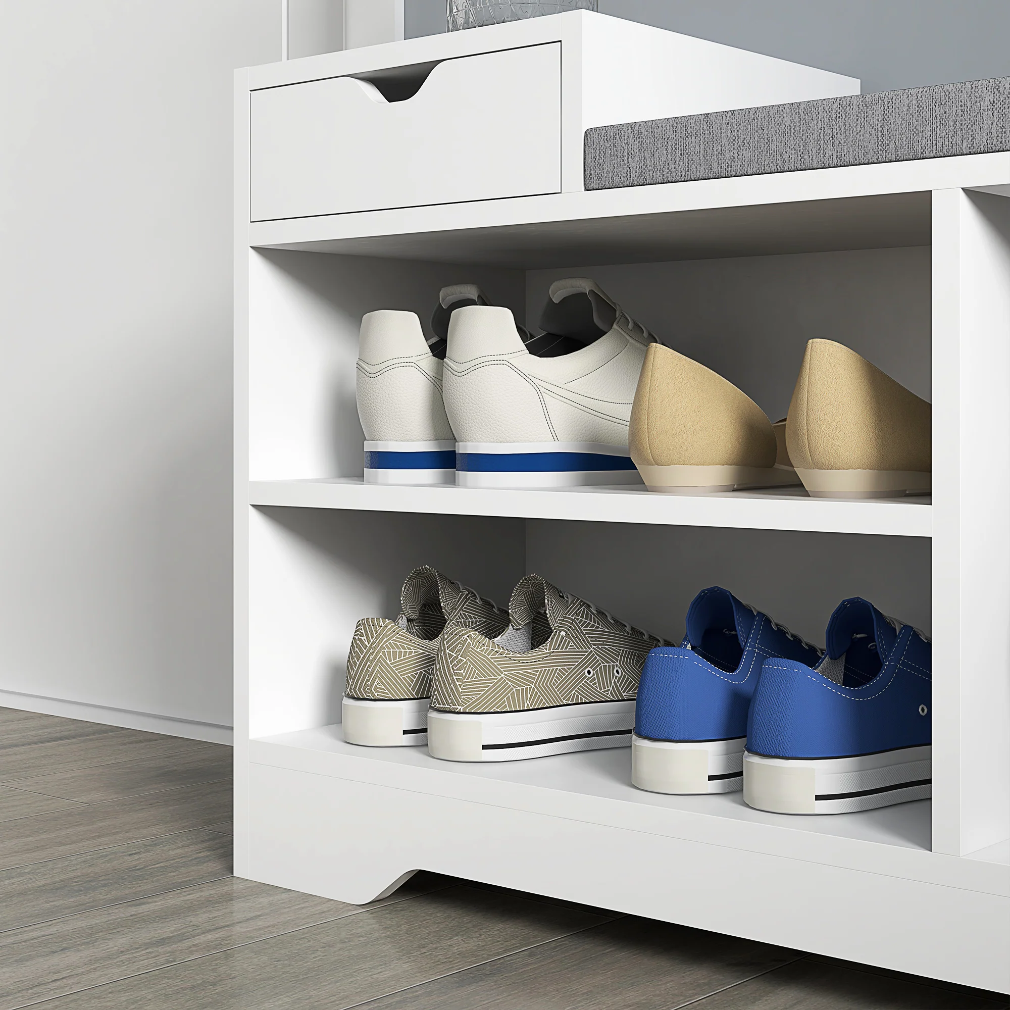 Banc à chaussures, banc de rangement, 1 tiroir et 3 compartiments, meuble d'entrée avec coussin rembourrée, pour couloir, entrée, chambre, 76,5 x 30 x 52 cm, blanc - Image 9