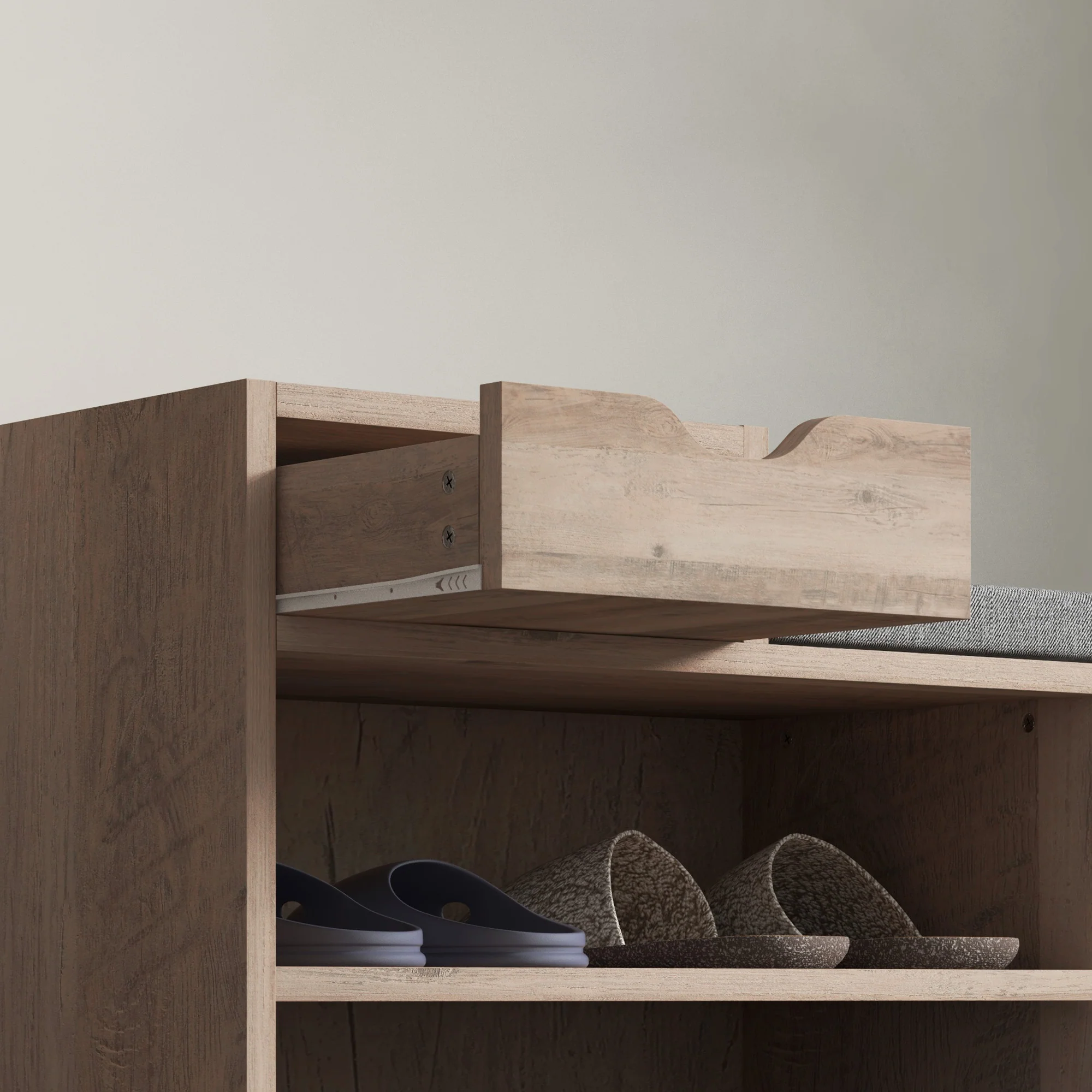 Banc à chaussures, banc de rangement, 1 tiroir et 3 compartiments, meuble d'entrée avec coussin rembourrée, pour couloir, entrée, chambre, 76,5 x 30 x 52 cm, gris effet bois - Image 10