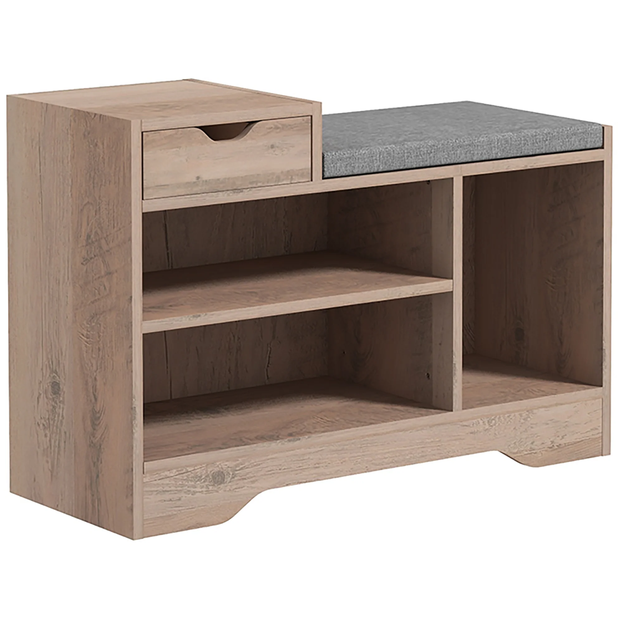 Banc à chaussures, banc de rangement, 1 tiroir et 3 compartiments, meuble d'entrée avec coussin rembourrée, pour couloir, entrée, chambre, 76,5 x 30 x 52 cm, gris effet bois - Image 11