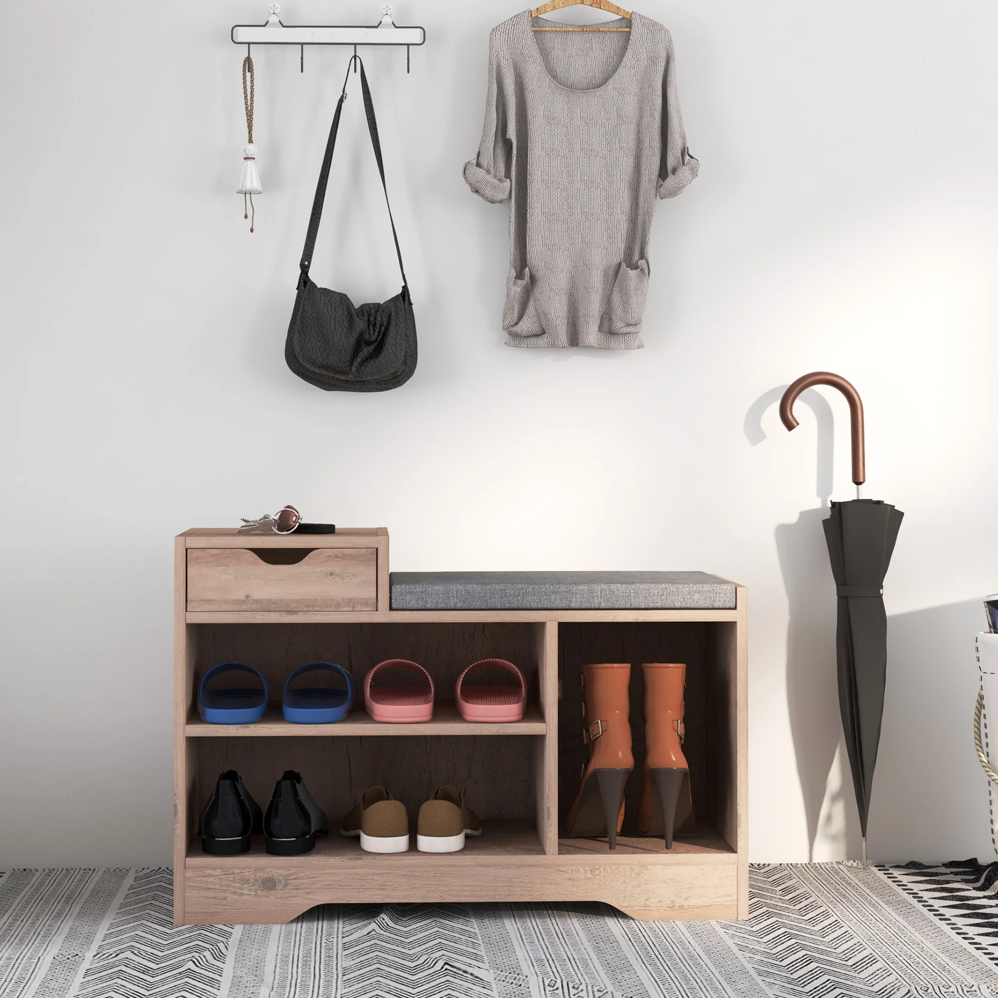 Banc à chaussures, banc de rangement, 1 tiroir et 3 compartiments, meuble d'entrée avec coussin rembourrée, pour couloir, entrée, chambre, 76,5 x 30 x 52 cm, gris effet bois - Image 3