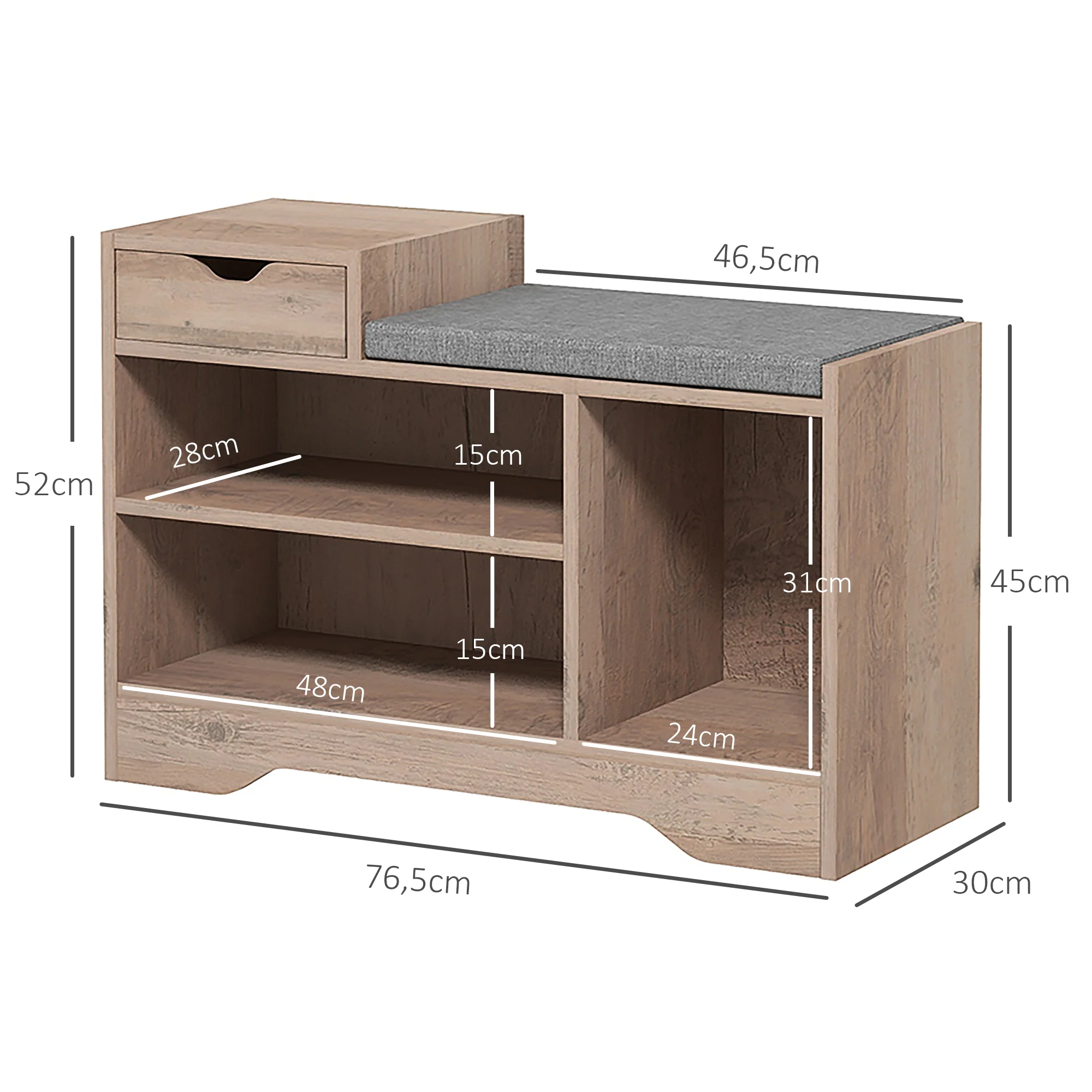 Banc à chaussures, banc de rangement, 1 tiroir et 3 compartiments, meuble d'entrée avec coussin rembourrée, pour couloir, entrée, chambre, 76,5 x 30 x 52 cm, gris effet bois - Image 4