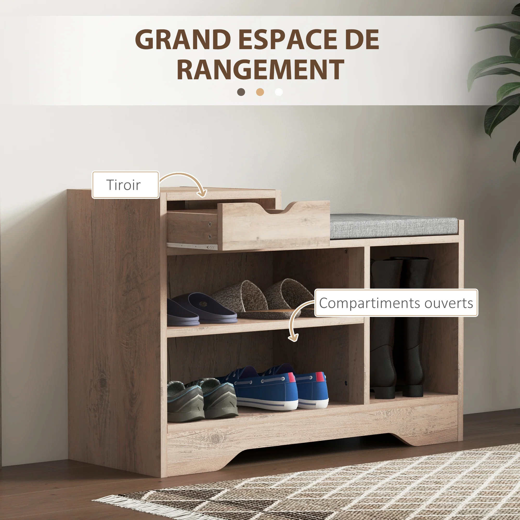 Banc à chaussures, banc de rangement, 1 tiroir et 3 compartiments, meuble d'entrée avec coussin rembourrée, pour couloir, entrée, chambre, 76,5 x 30 x 52 cm, gris effet bois - Image 5
