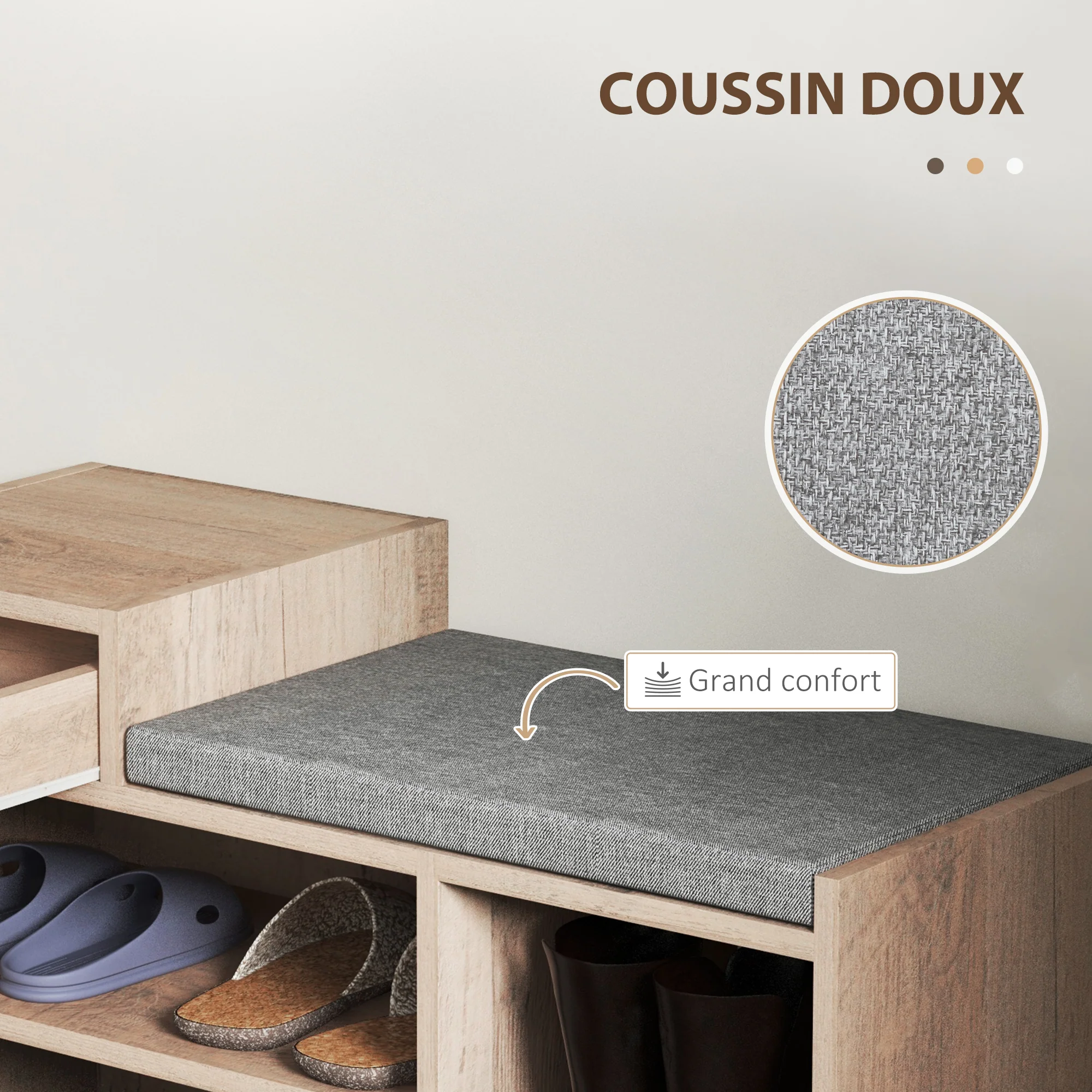 Banc à chaussures, banc de rangement, 1 tiroir et 3 compartiments, meuble d'entrée avec coussin rembourrée, pour couloir, entrée, chambre, 76,5 x 30 x 52 cm, gris effet bois - Image 7
