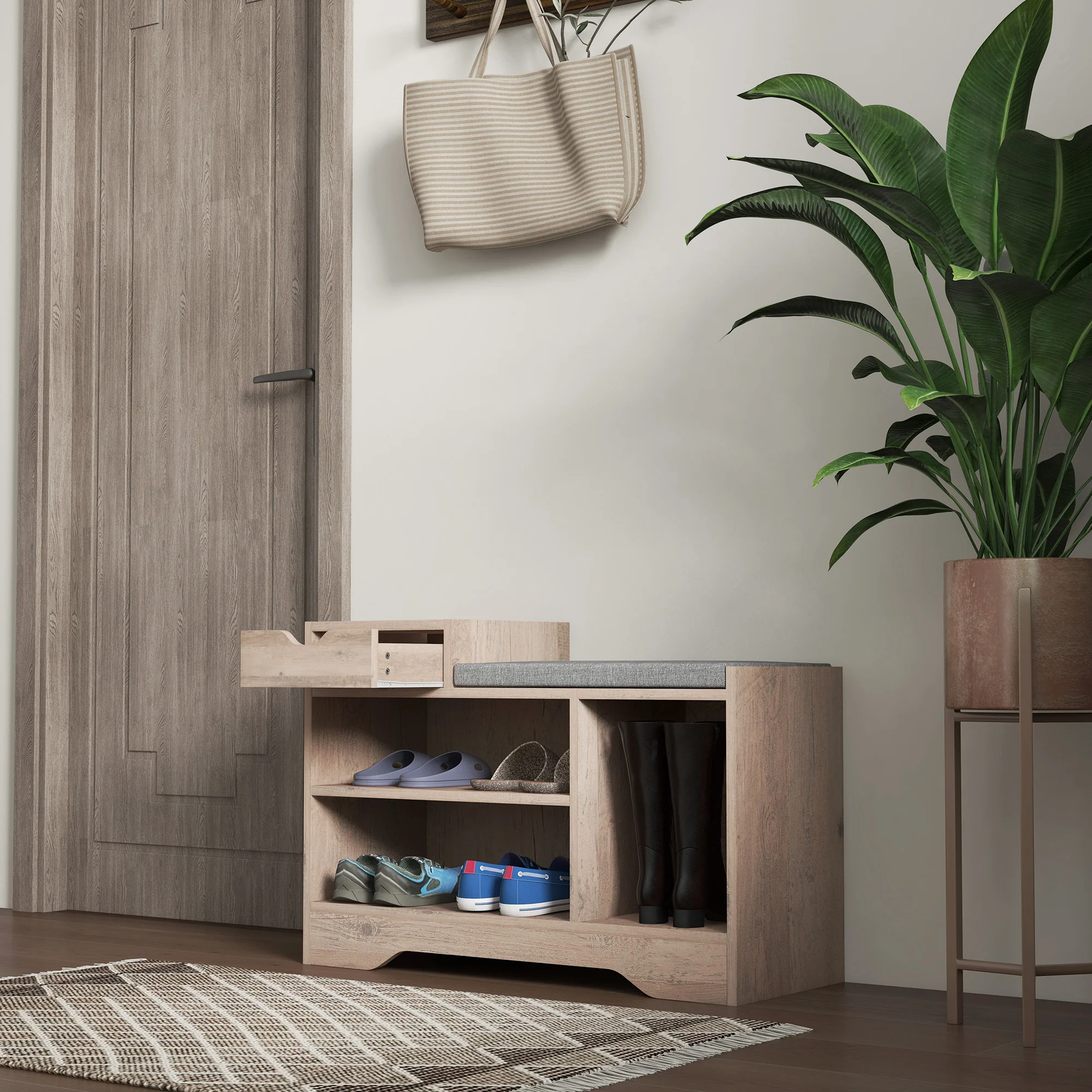 Banc à chaussures, banc de rangement, 1 tiroir et 3 compartiments, meuble d'entrée avec coussin rembourrée, pour couloir, entrée, chambre, 76,5 x 30 x 52 cm, gris effet bois - Image 8