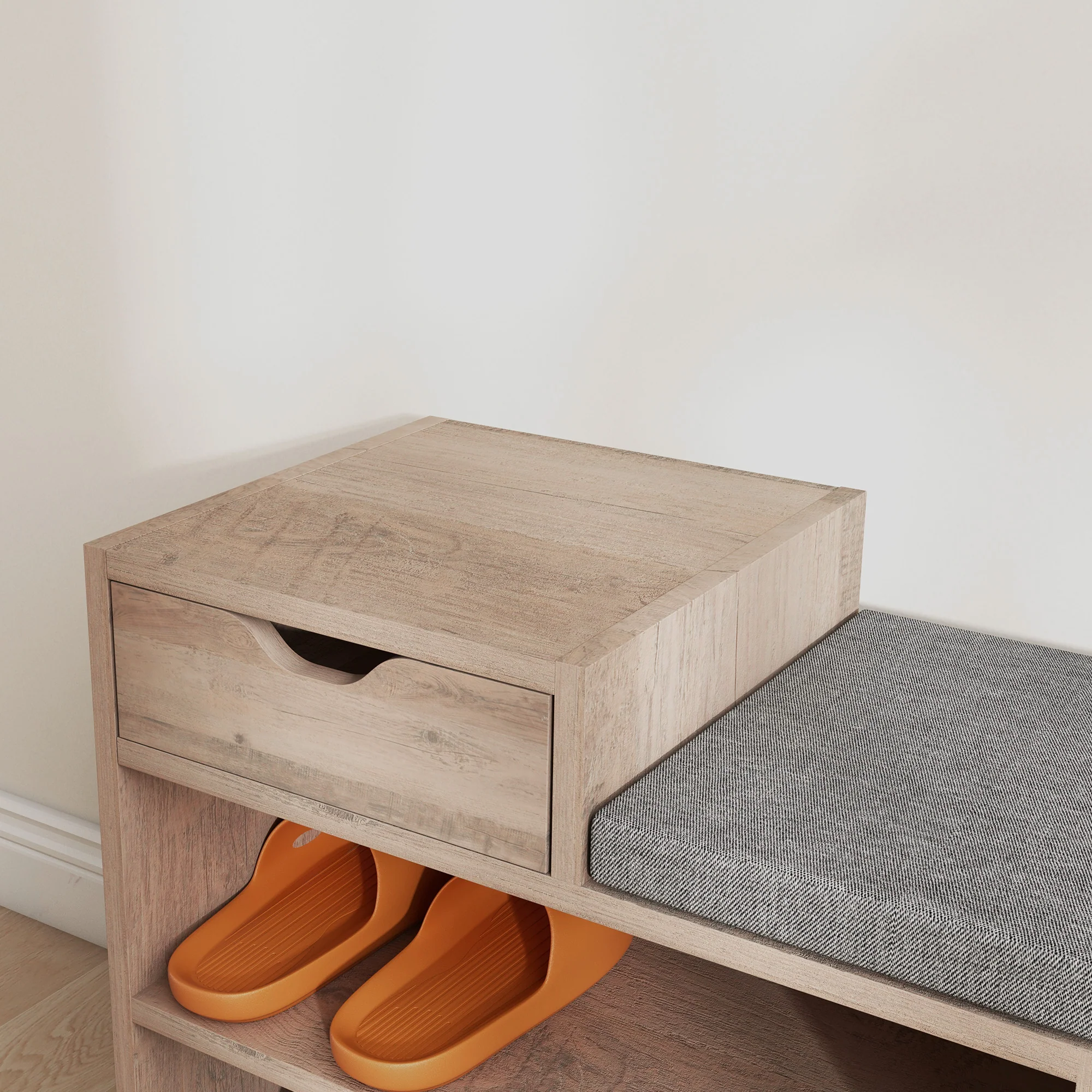 Banc à chaussures, banc de rangement, 1 tiroir et 3 compartiments, meuble d'entrée avec coussin rembourrée, pour couloir, entrée, chambre, 76,5 x 30 x 52 cm, gris effet bois - Image 9