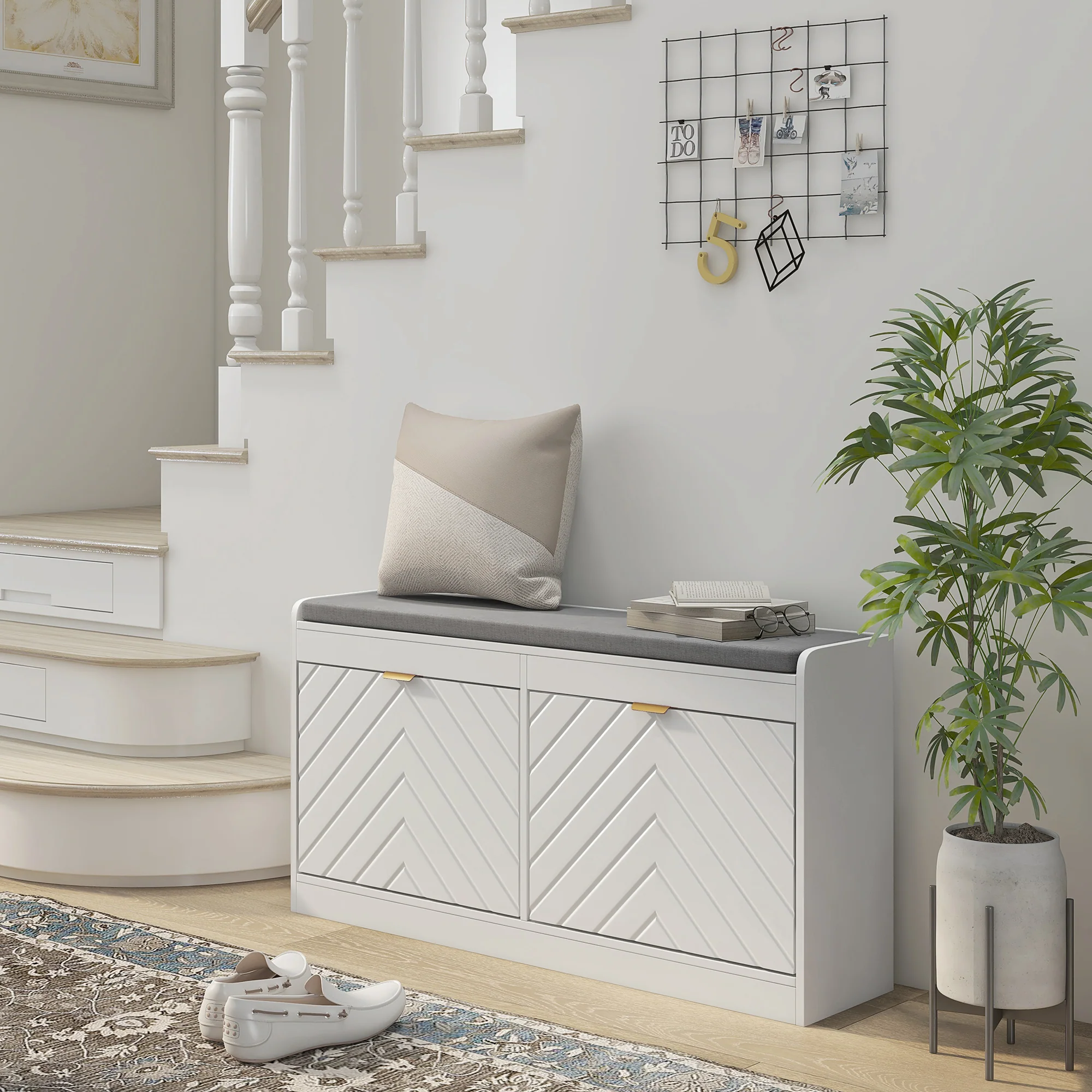 Banc à chaussures, banc de rangement étroit, assise rembourrée, porte motifs de lignes en relief, tiroir rabattable et étagère réglable, pour entrée, couloir, 106 x 24 x 52,5 cm, blanc - Image 3