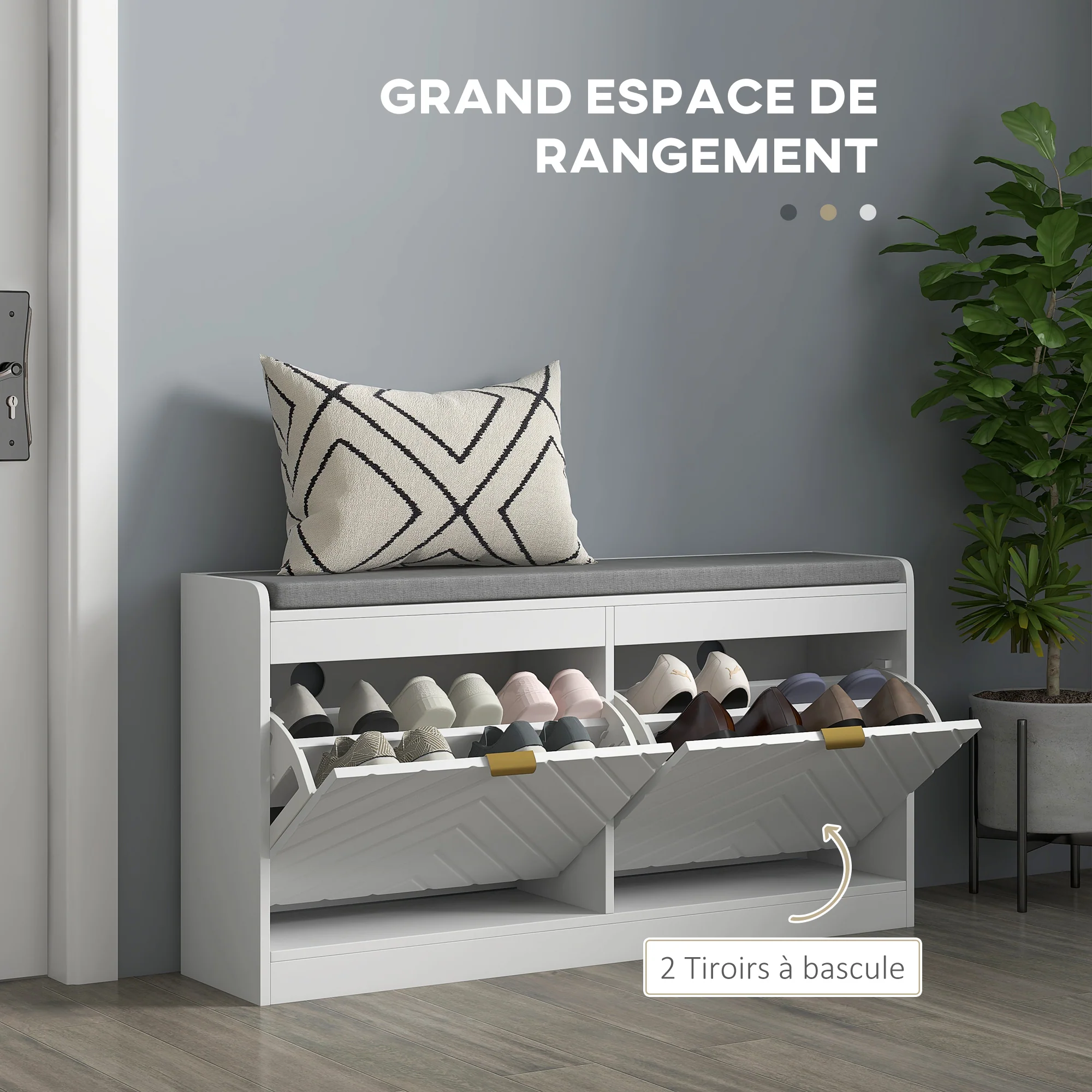 Banc à chaussures, banc de rangement étroit, assise rembourrée, porte motifs de lignes en relief, tiroir rabattable et étagère réglable, pour entrée, couloir, 106 x 24 x 52,5 cm, blanc - Image 5