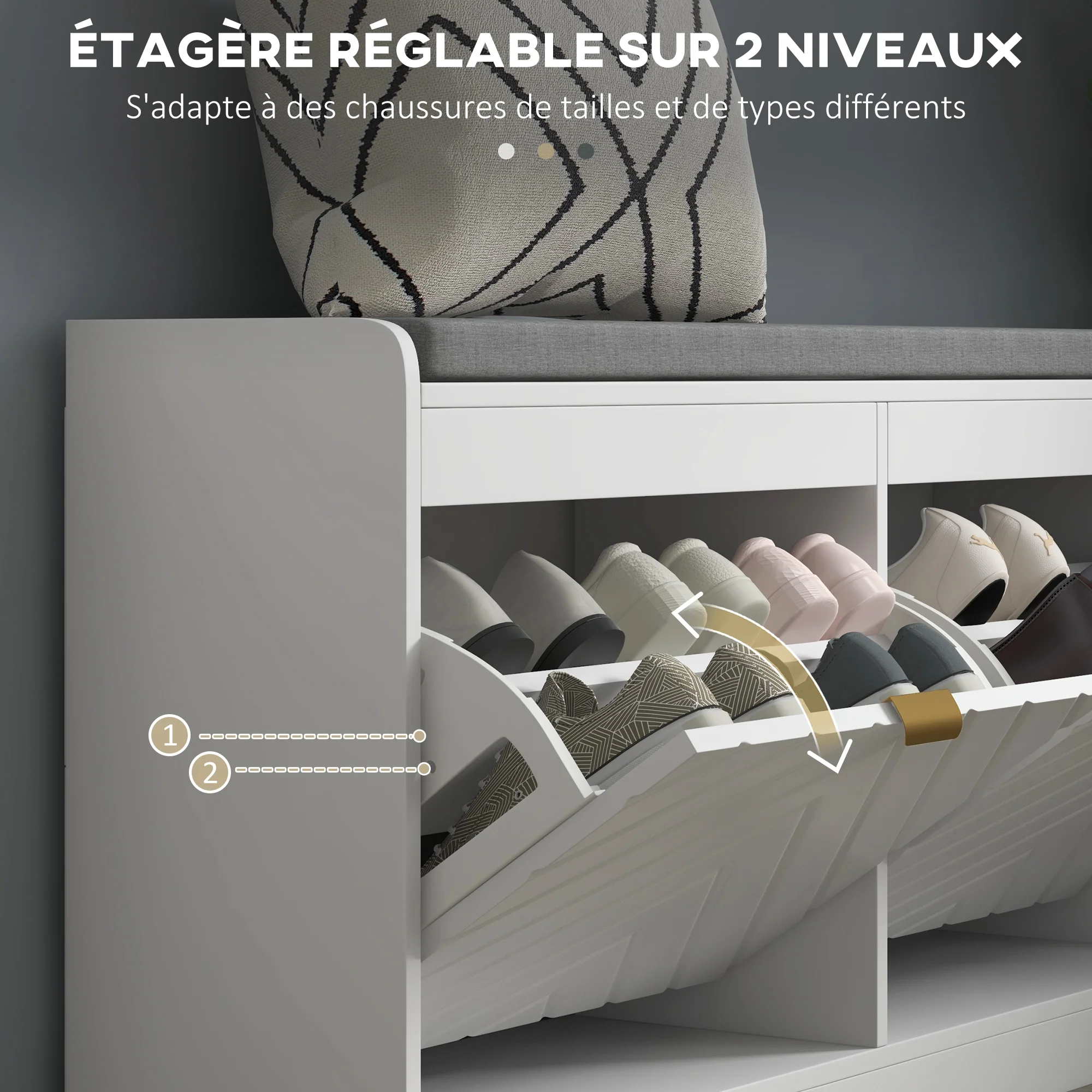 Banc à chaussures, banc de rangement étroit, assise rembourrée, porte motifs de lignes en relief, tiroir rabattable et étagère réglable, pour entrée, couloir, 106 x 24 x 52,5 cm, blanc - Image 6