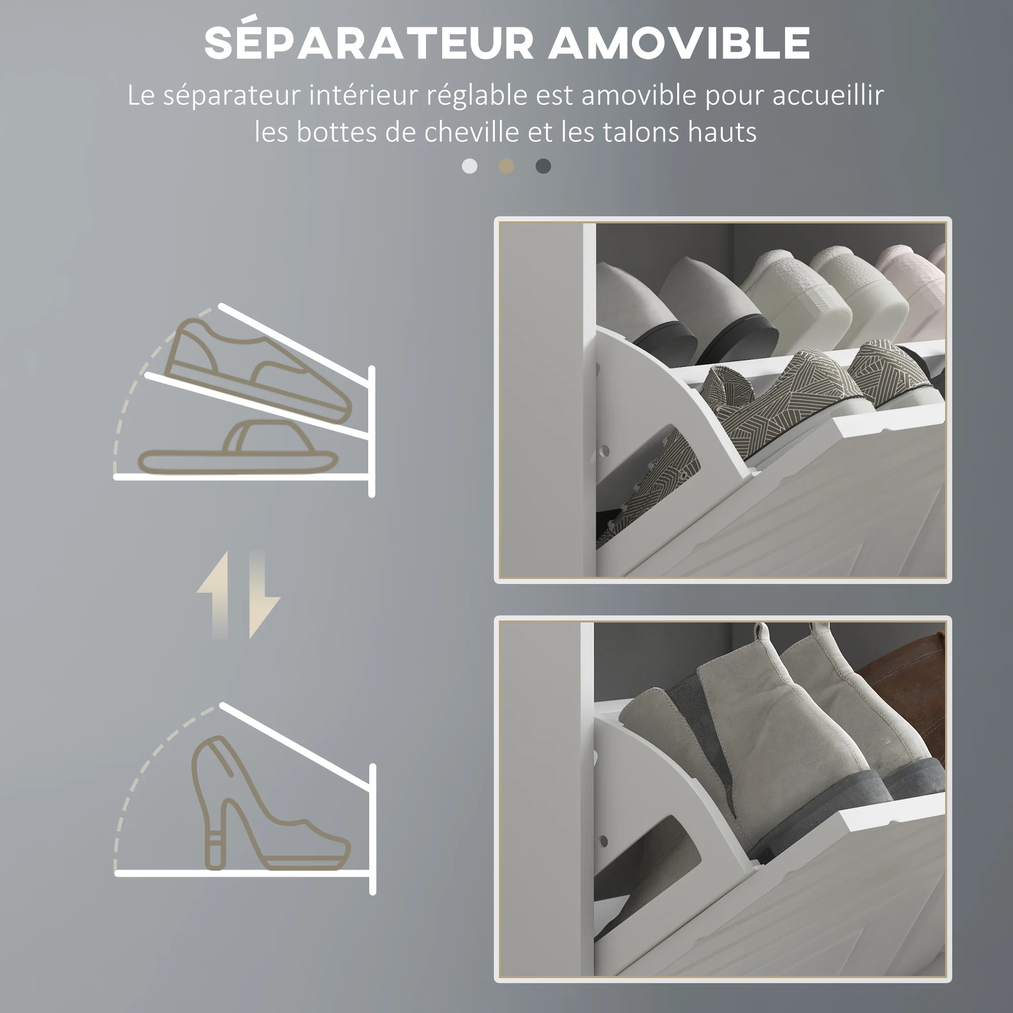 Banc à chaussures, banc de rangement étroit, assise rembourrée, porte motifs de lignes en relief, tiroir rabattable et étagère réglable, pour entrée, couloir, 106 x 24 x 52,5 cm, blanc - Image 7
