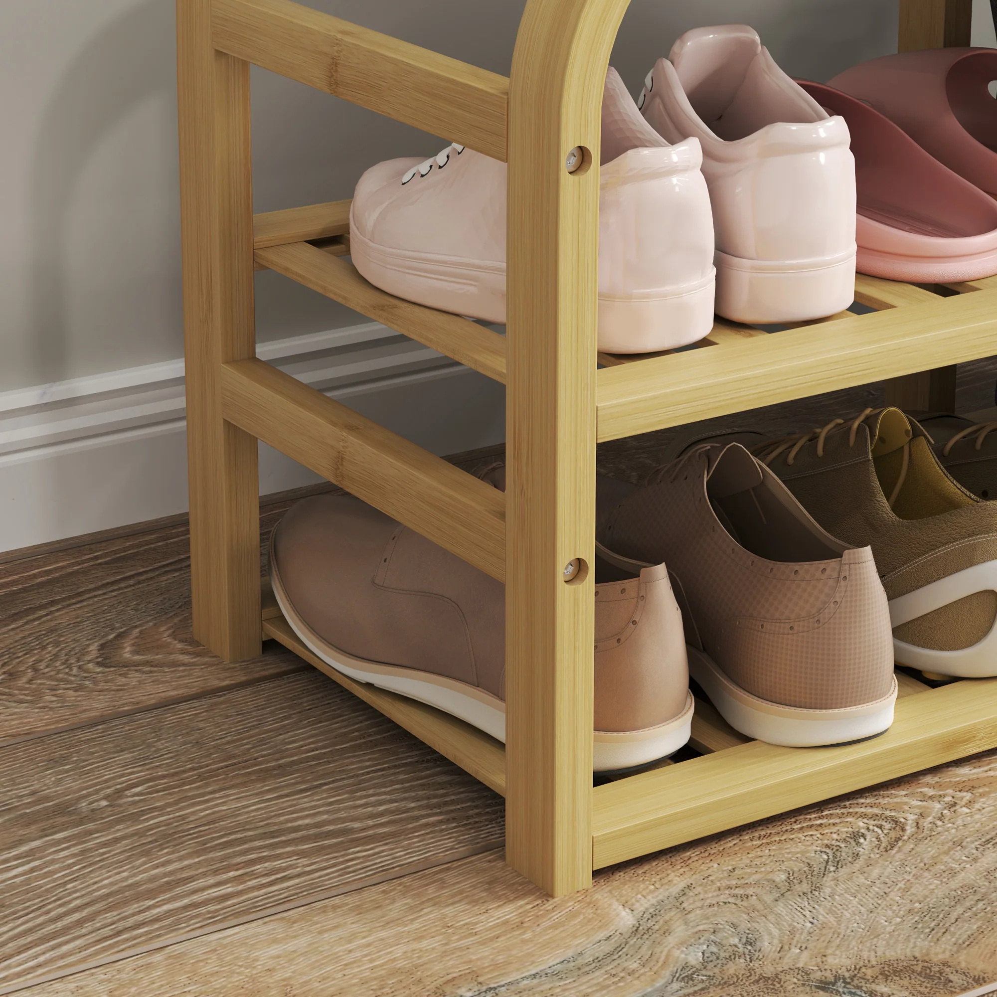 Banc à chaussures en bambou meuble à chaussures avec coussin d'assise, 2 étagères à lattes et panier en tissu coulissant, banc d'entrée pour couloir, chambre, 70x30x45cm, bois naturel - Image 10