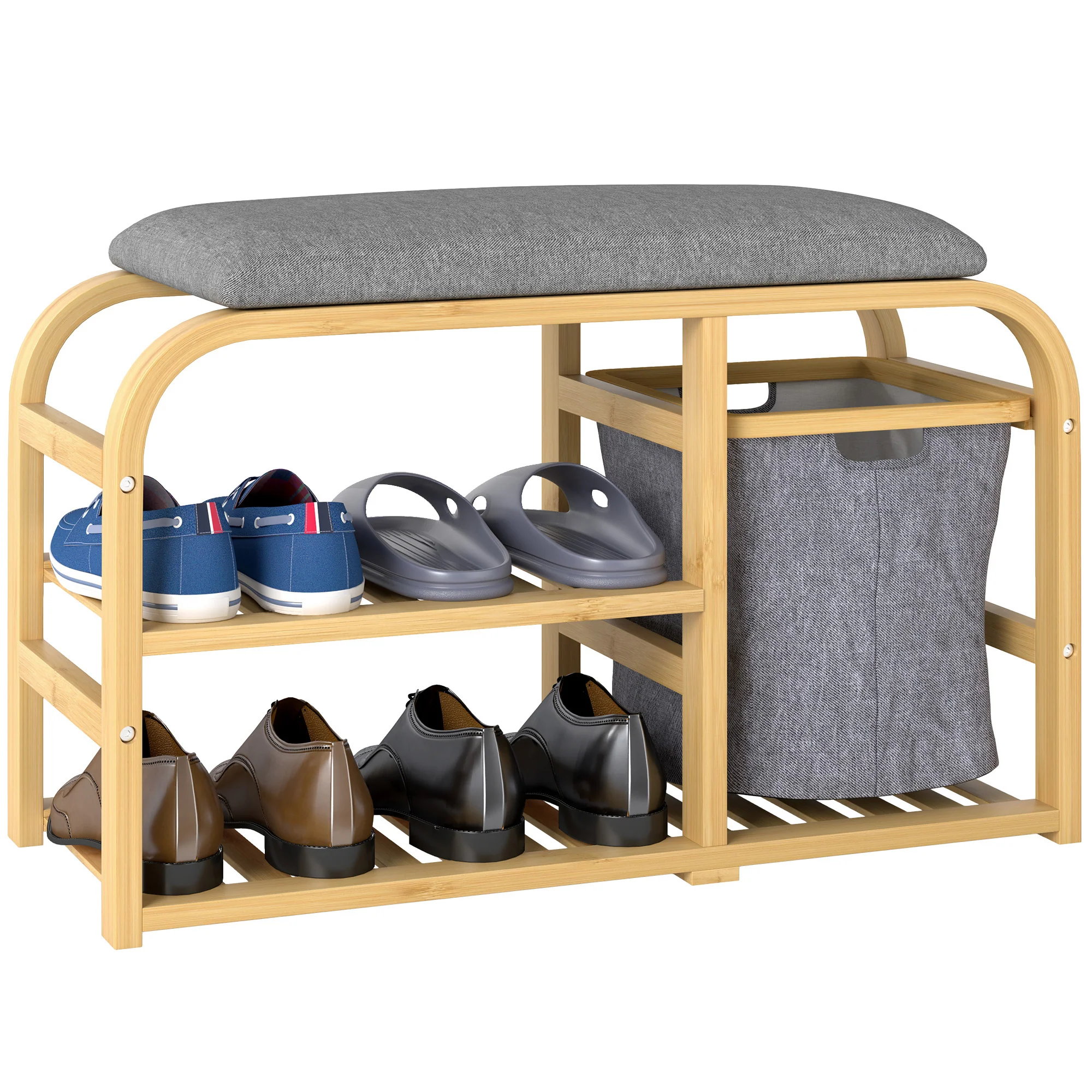 Banc à chaussures en bambou meuble à chaussures avec coussin d'assise, 2 étagères à lattes et panier en tissu coulissant, banc d'entrée pour couloir, chambre, 70x30x45cm, bois naturel - Image 11