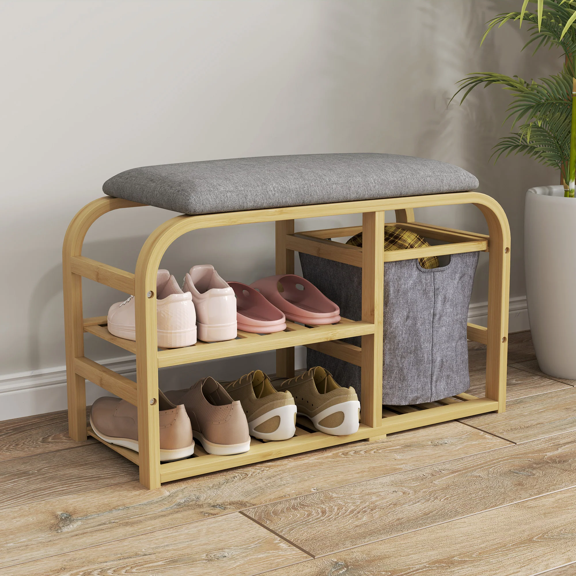 Banc à chaussures en bambou meuble à chaussures avec coussin d'assise, 2 étagères à lattes et panier en tissu coulissant, banc d'entrée pour couloir, chambre, 70x30x45cm, bois naturel - Image 3
