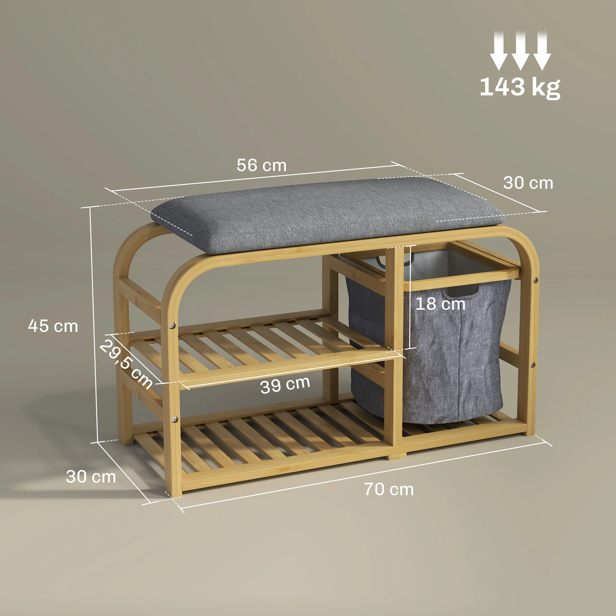 Banc à chaussures en bambou meuble à chaussures avec coussin d'assise, 2 étagères à lattes et panier en tissu coulissant, banc d'entrée pour couloir, chambre, 70x30x45cm, bois naturel - Image 4