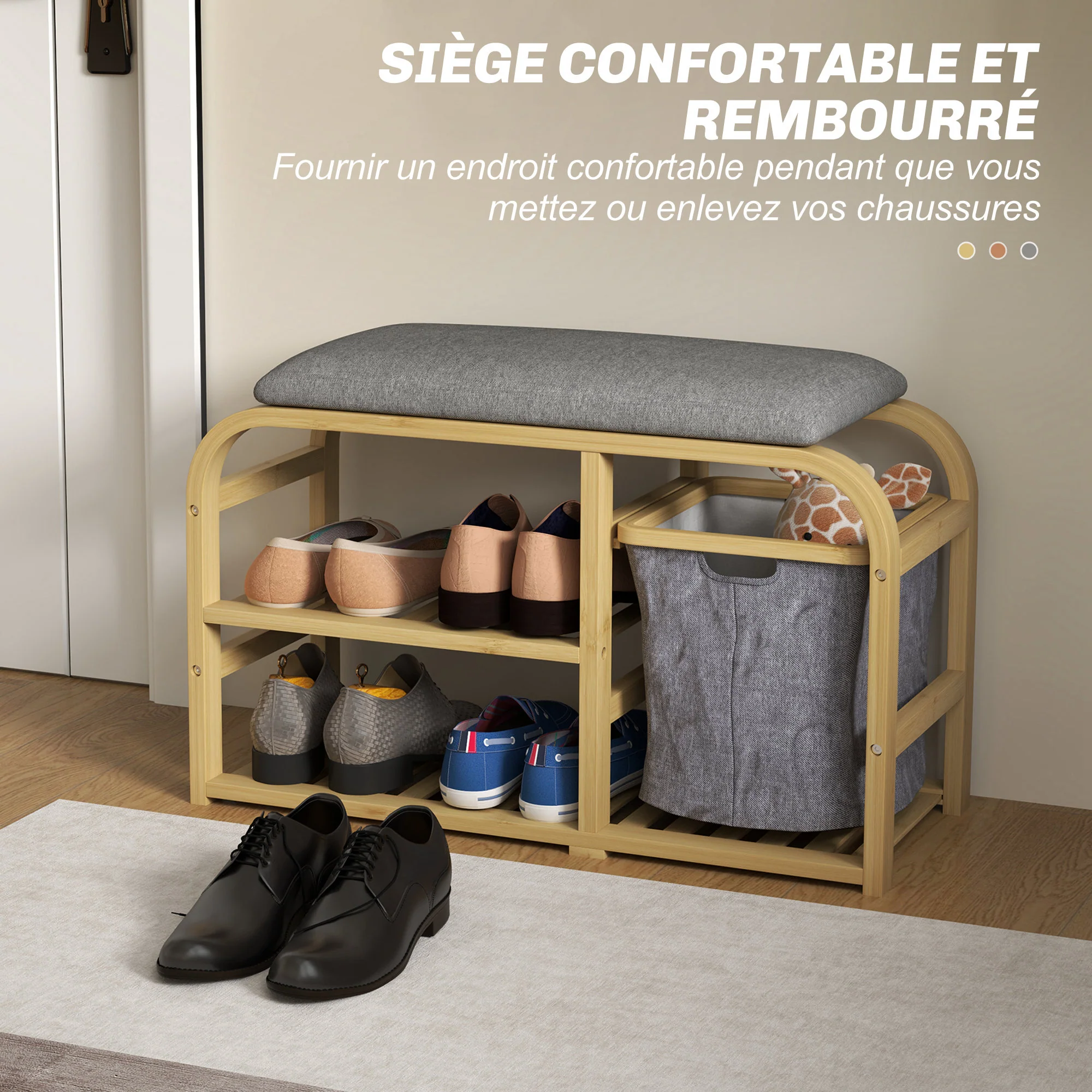 Banc à chaussures en bambou meuble à chaussures avec coussin d'assise, 2 étagères à lattes et panier en tissu coulissant, banc d'entrée pour couloir, chambre, 70x30x45cm, bois naturel - Image 5