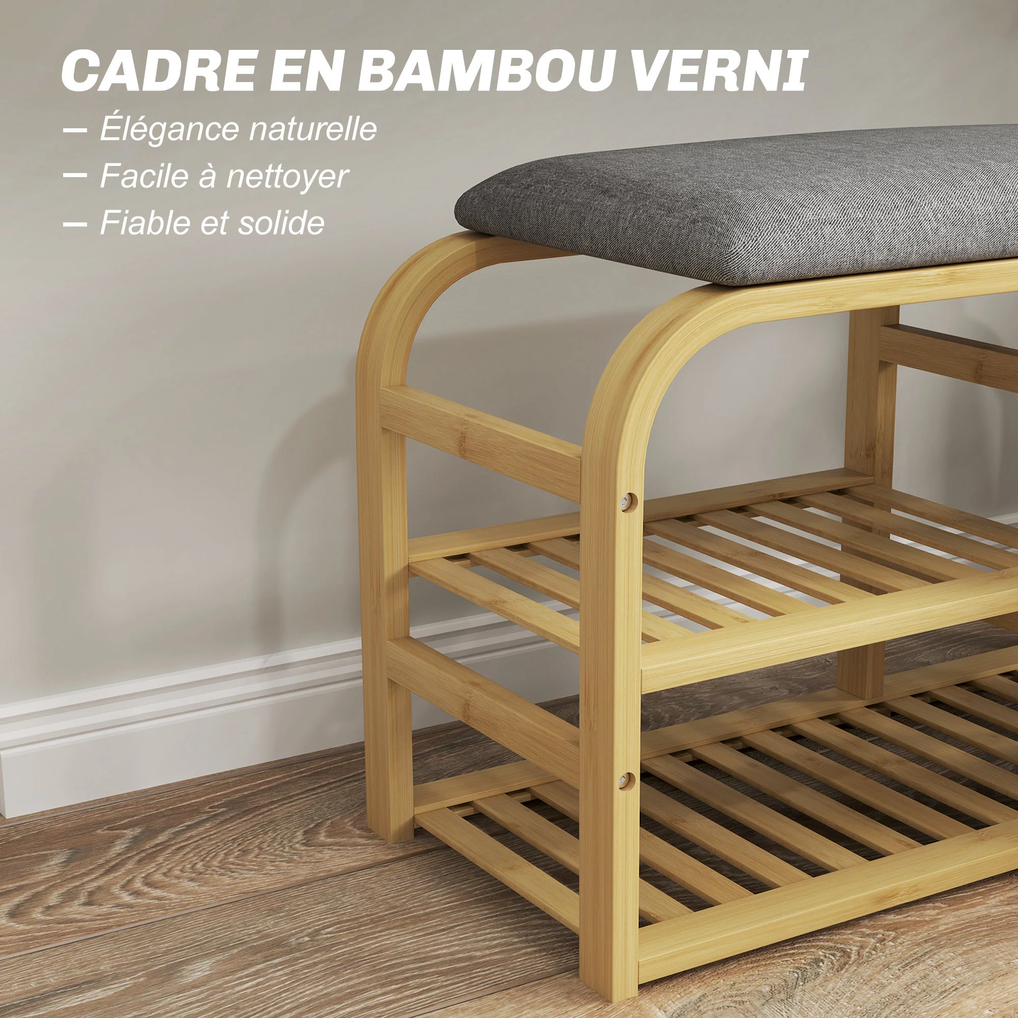 Banc à chaussures en bambou meuble à chaussures avec coussin d'assise, 2 étagères à lattes et panier en tissu coulissant, banc d'entrée pour couloir, chambre, 70x30x45cm, bois naturel - Image 7