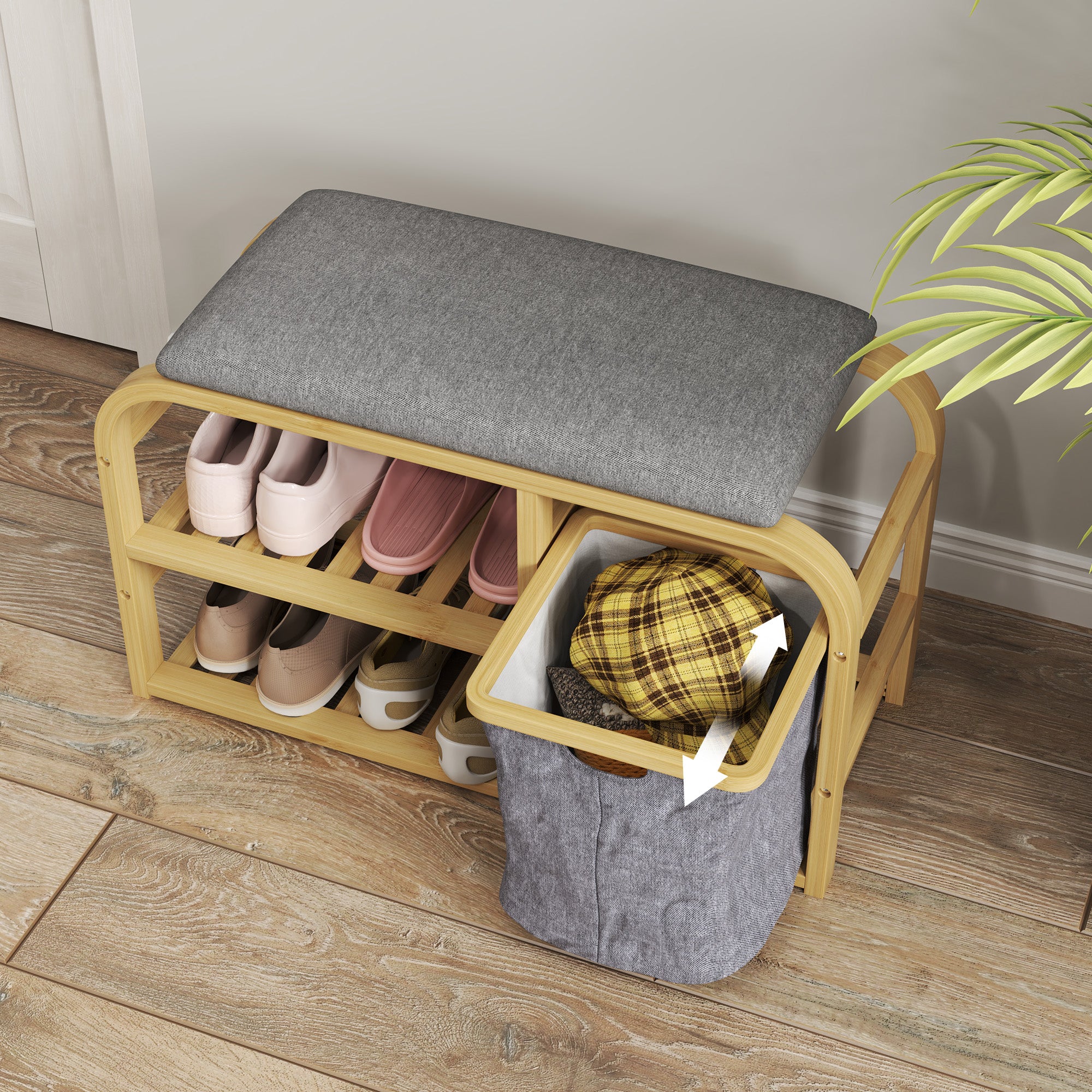 Banc à chaussures en bambou meuble à chaussures avec coussin d'assise, 2 étagères à lattes et panier en tissu coulissant, banc d'entrée pour couloir, chambre, 70x30x45cm, bois naturel - Image 8