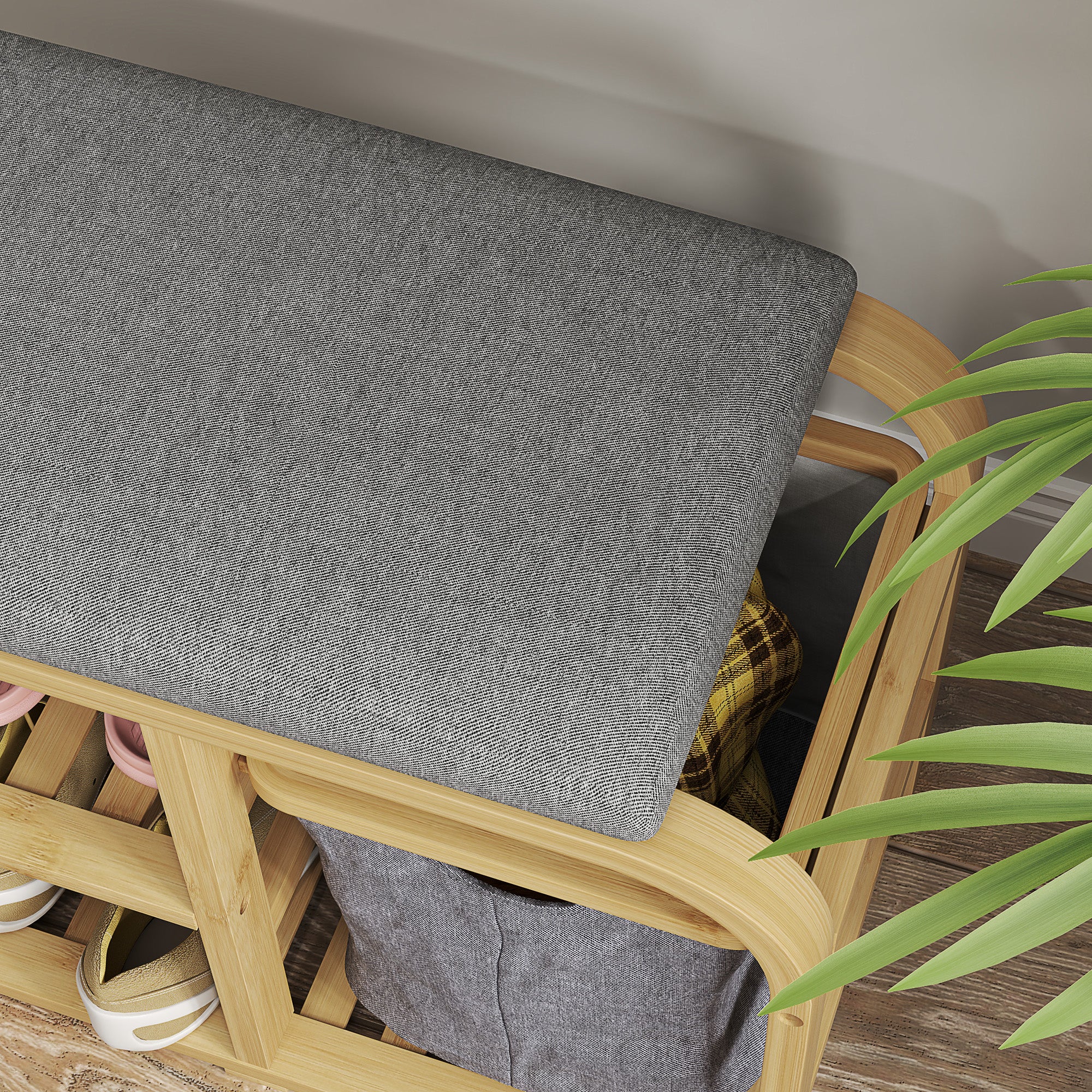 Banc à chaussures en bambou meuble à chaussures avec coussin d'assise, 2 étagères à lattes et panier en tissu coulissant, banc d'entrée pour couloir, chambre, 70x30x45cm, bois naturel - Image 9