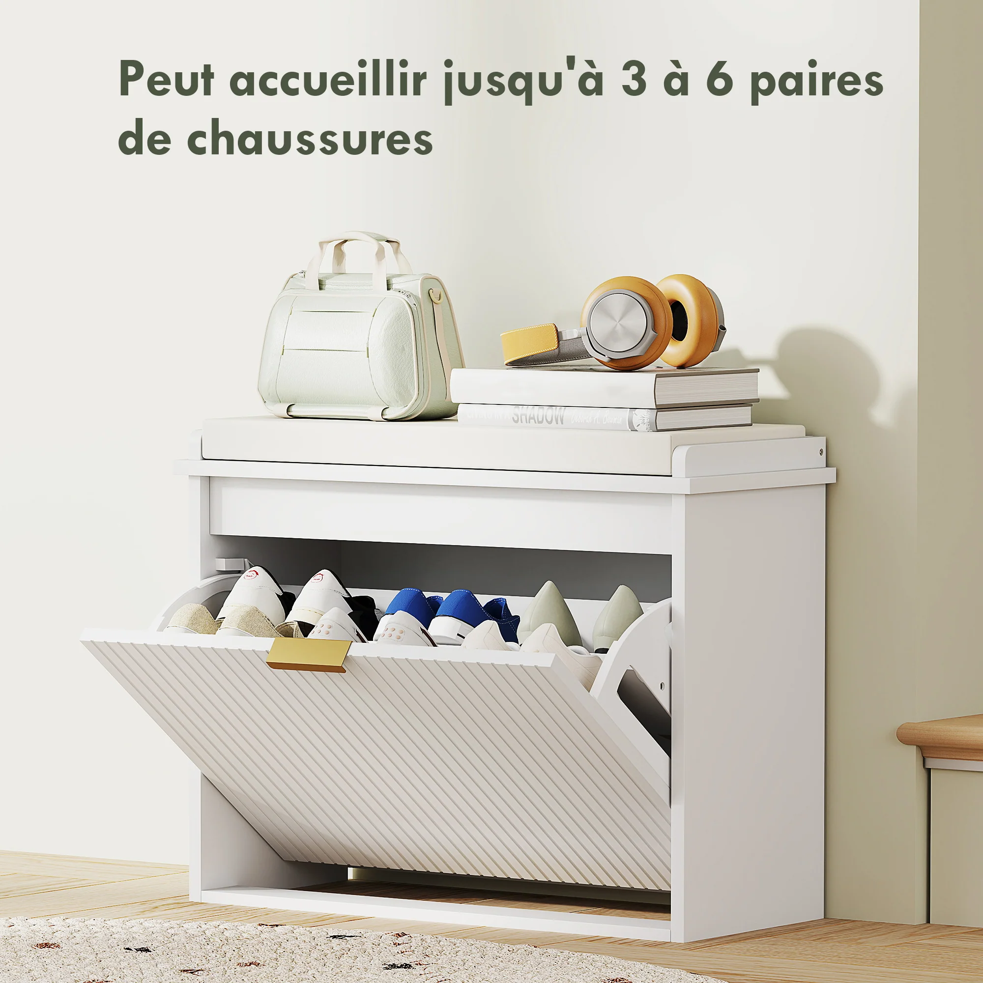 Banc à chaussures meuble à chaussures avec coussin d'assise rembourré et tiroir rabattable, banc d'entrée pour couloir, chambre, charge 120 KG, 62 x 26 x 47,5 cm, blanc - Image 6