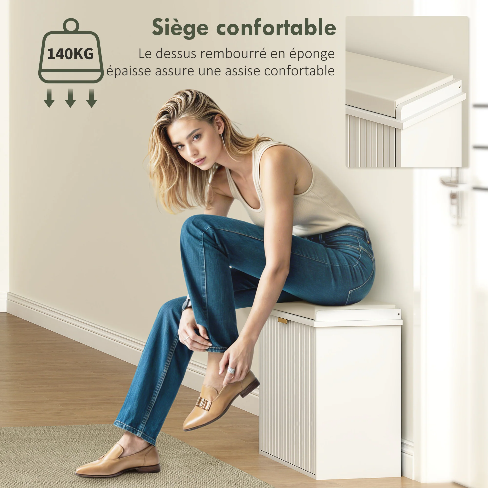 Banc à chaussures meuble à chaussures avec coussin d'assise rembourré et tiroir rabattable, banc d'entrée pour couloir, chambre, charge 120 KG, 62 x 26 x 47,5 cm, blanc - Image 8