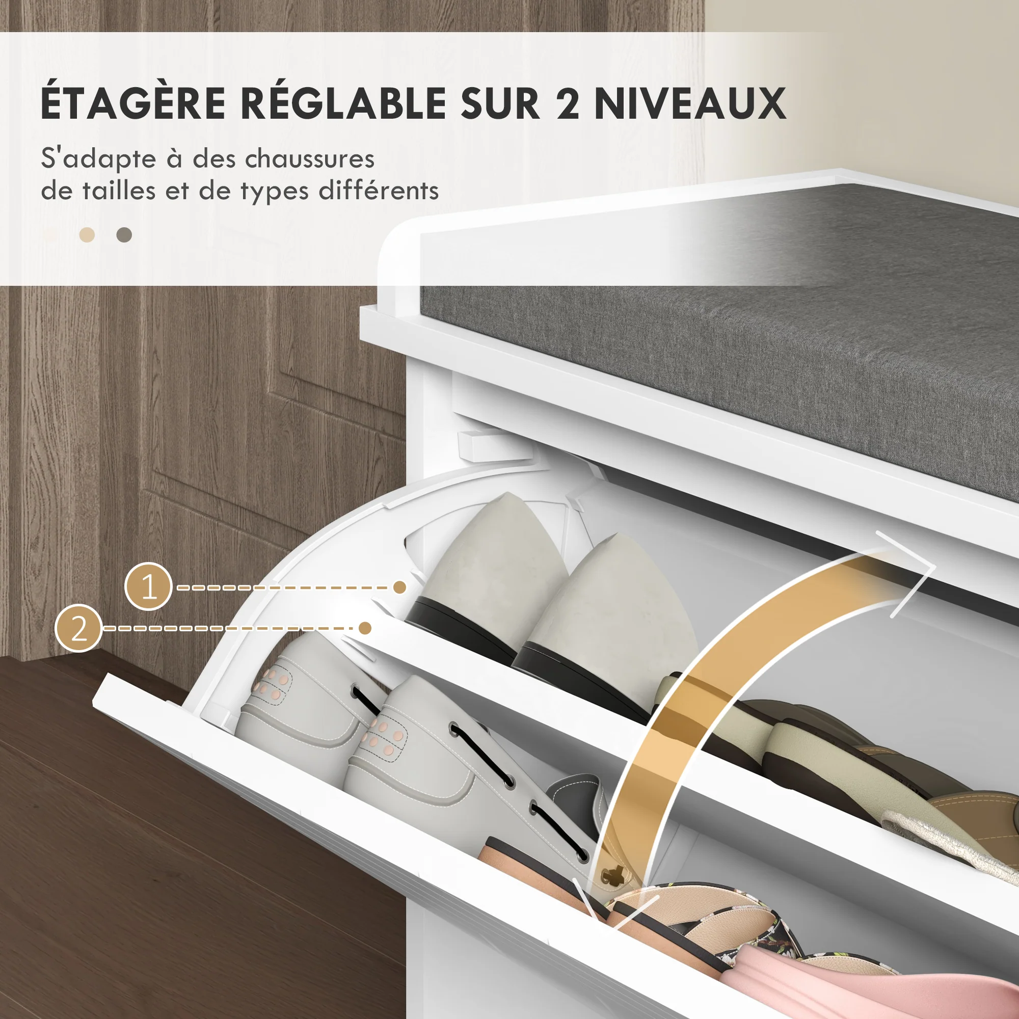 Banc à chaussures meuble à chaussures, meuble d'entrée avec tiroir rabattable, coussin d'assise et étagère réglable, pour couloir, entrée, chambre, 100 x 26 x 48 cm, blanc - Image 6
