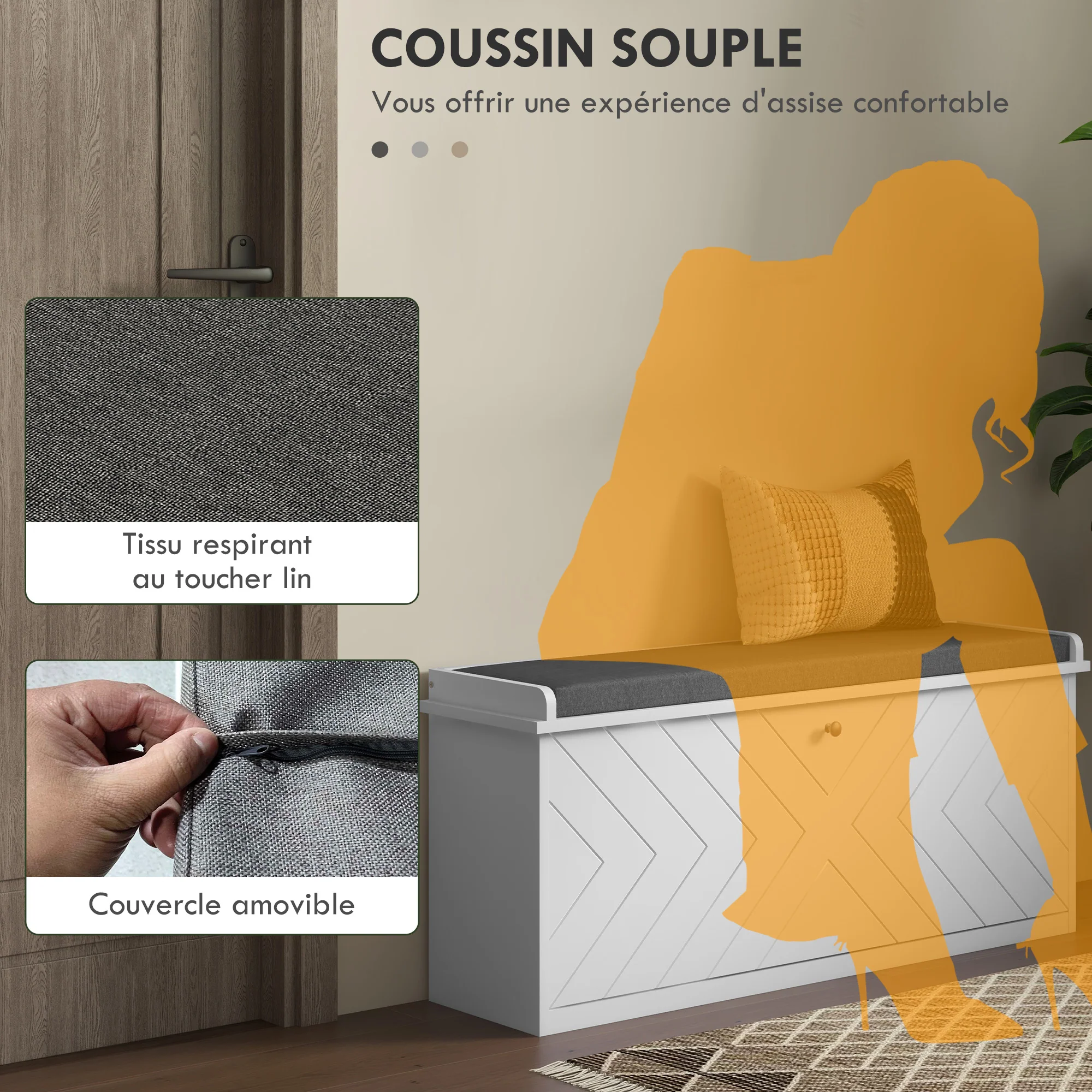 Banc à chaussures meuble à chaussures, meuble d'entrée avec tiroir rabattable, coussin d'assise et étagère réglable, pour couloir, entrée, chambre, 100 x 26 x 48 cm, blanc - Image 8