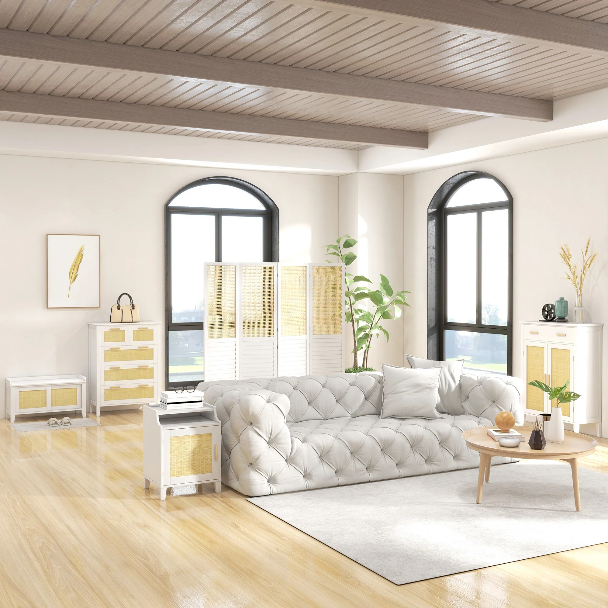 Banc à chaussures meuble de rangement avec étagère sur pieds 2 placards avec façades cannage blanc - Image 10