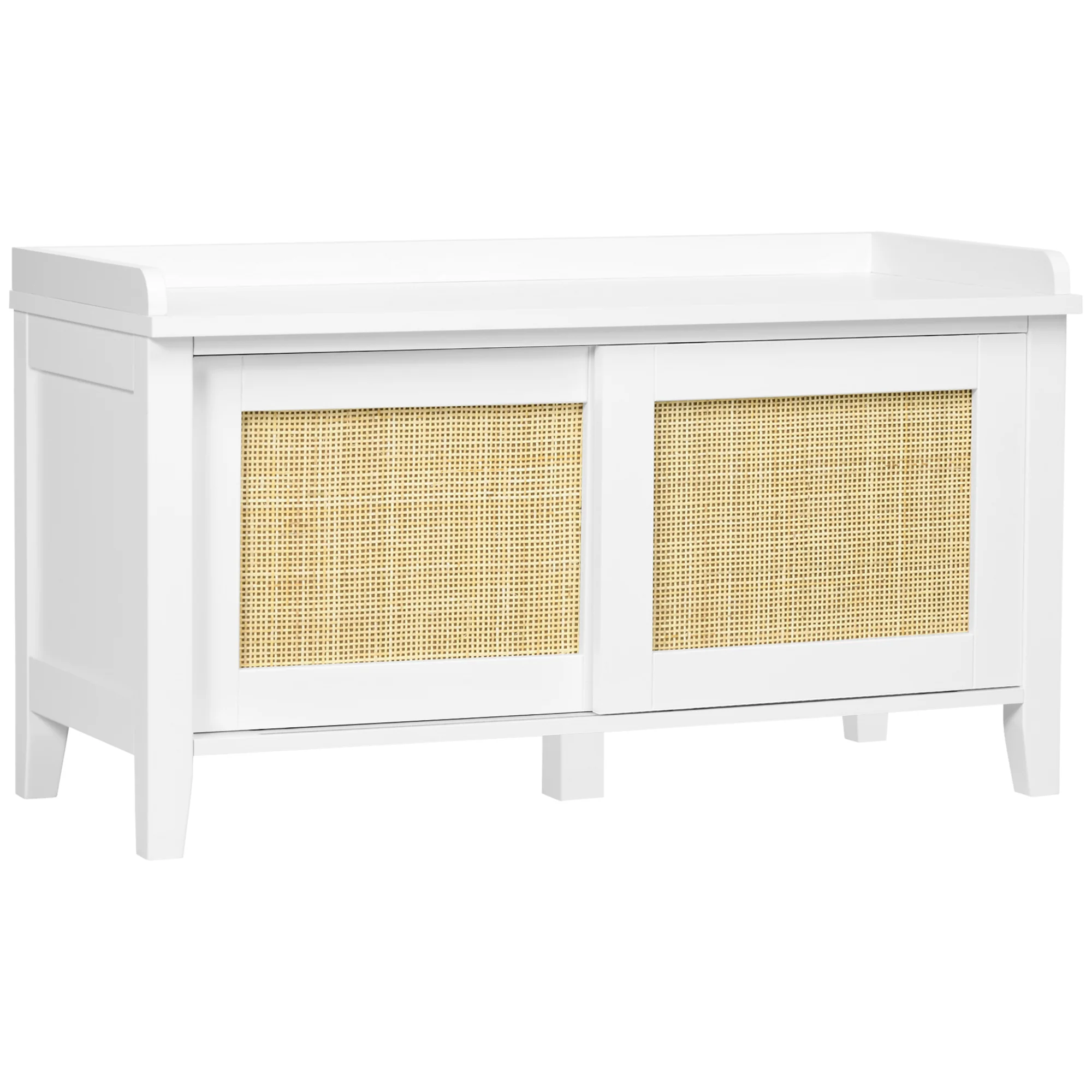Banc à chaussures meuble de rangement avec étagère sur pieds 2 placards avec façades cannage blanc - Image 11