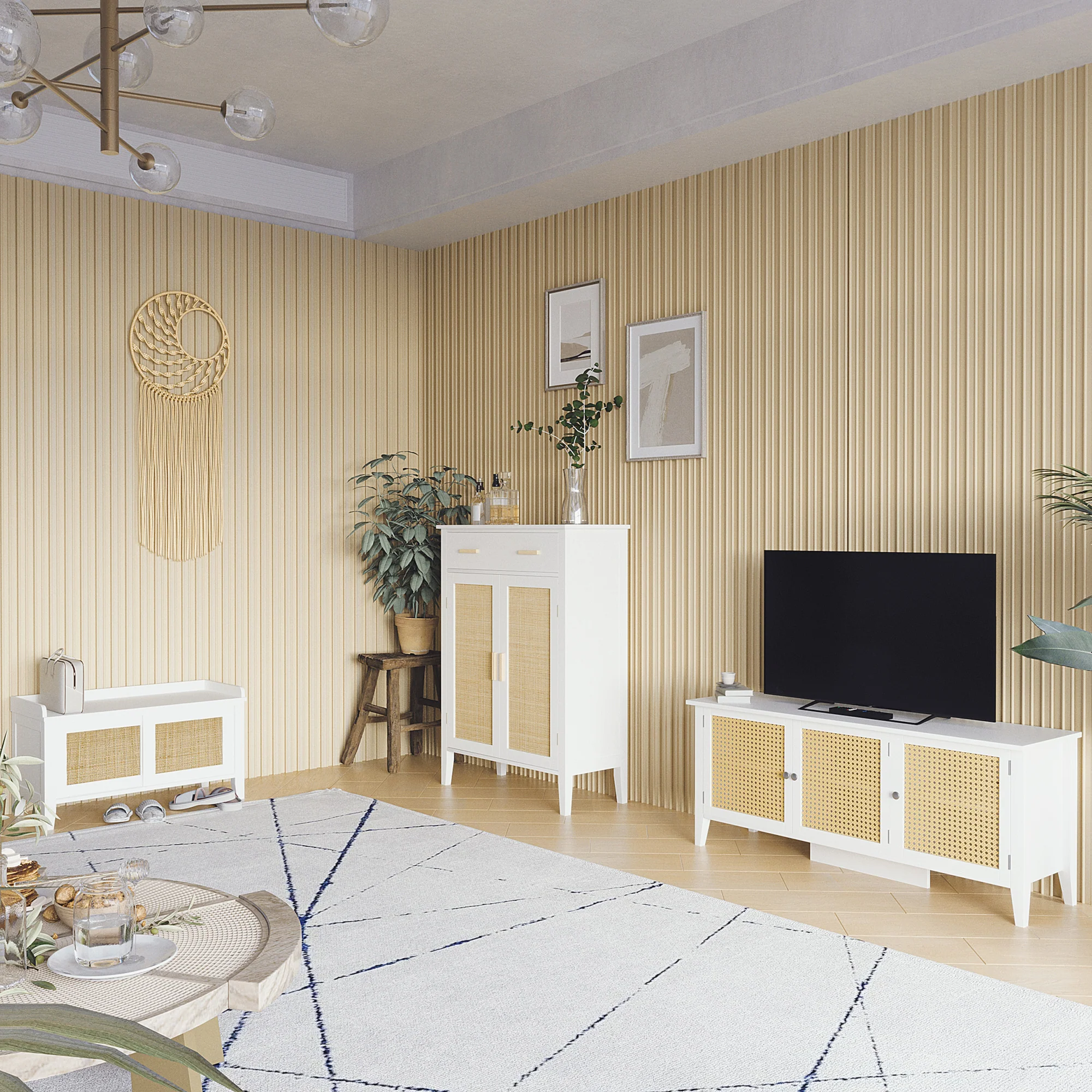 Banc à chaussures meuble de rangement avec étagère sur pieds 2 placards avec façades cannage blanc - Image 3