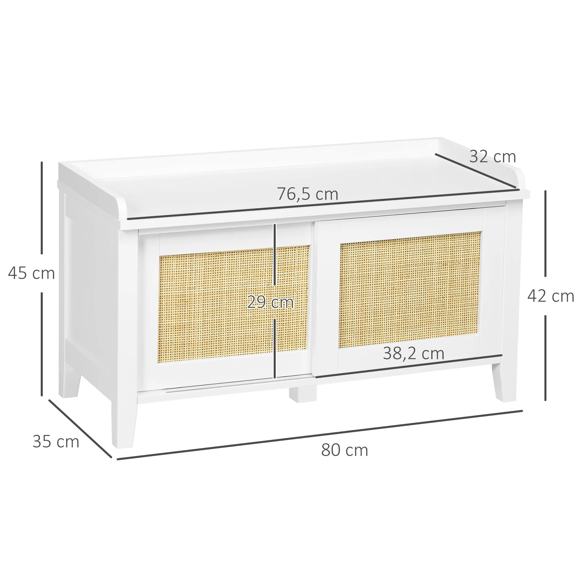 Banc à chaussures meuble de rangement avec étagère sur pieds 2 placards avec façades cannage blanc - Image 4