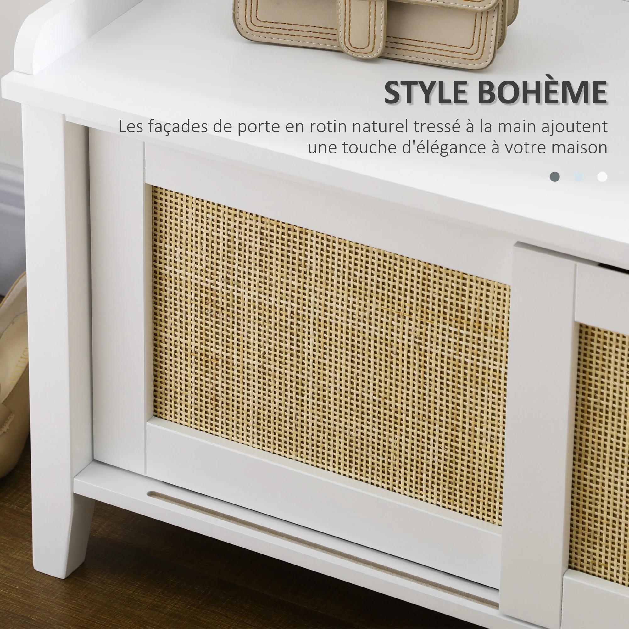 Banc à chaussures meuble de rangement avec étagère sur pieds 2 placards avec façades cannage blanc - Image 5