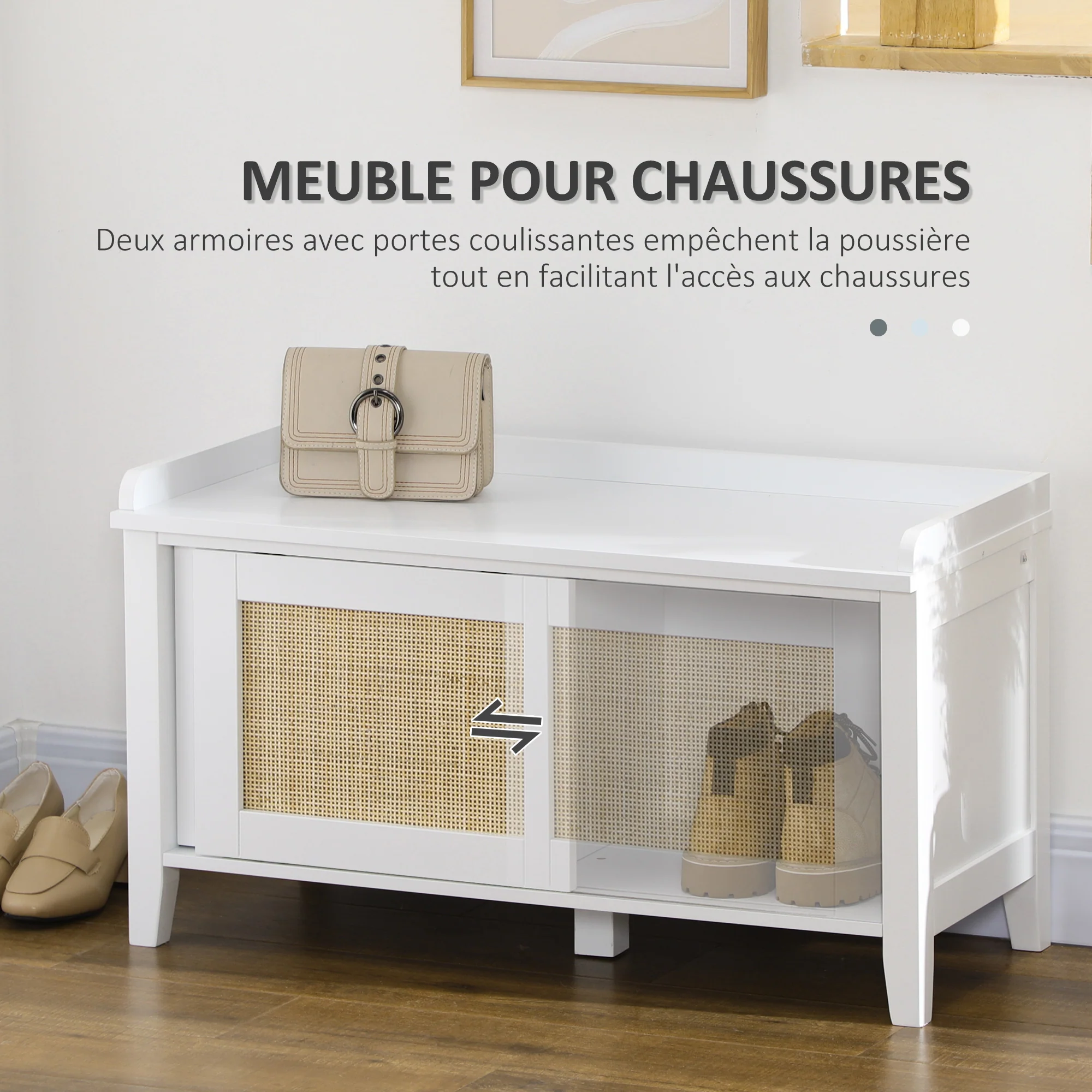 Banc à chaussures meuble de rangement avec étagère sur pieds 2 placards avec façades cannage blanc - Image 6
