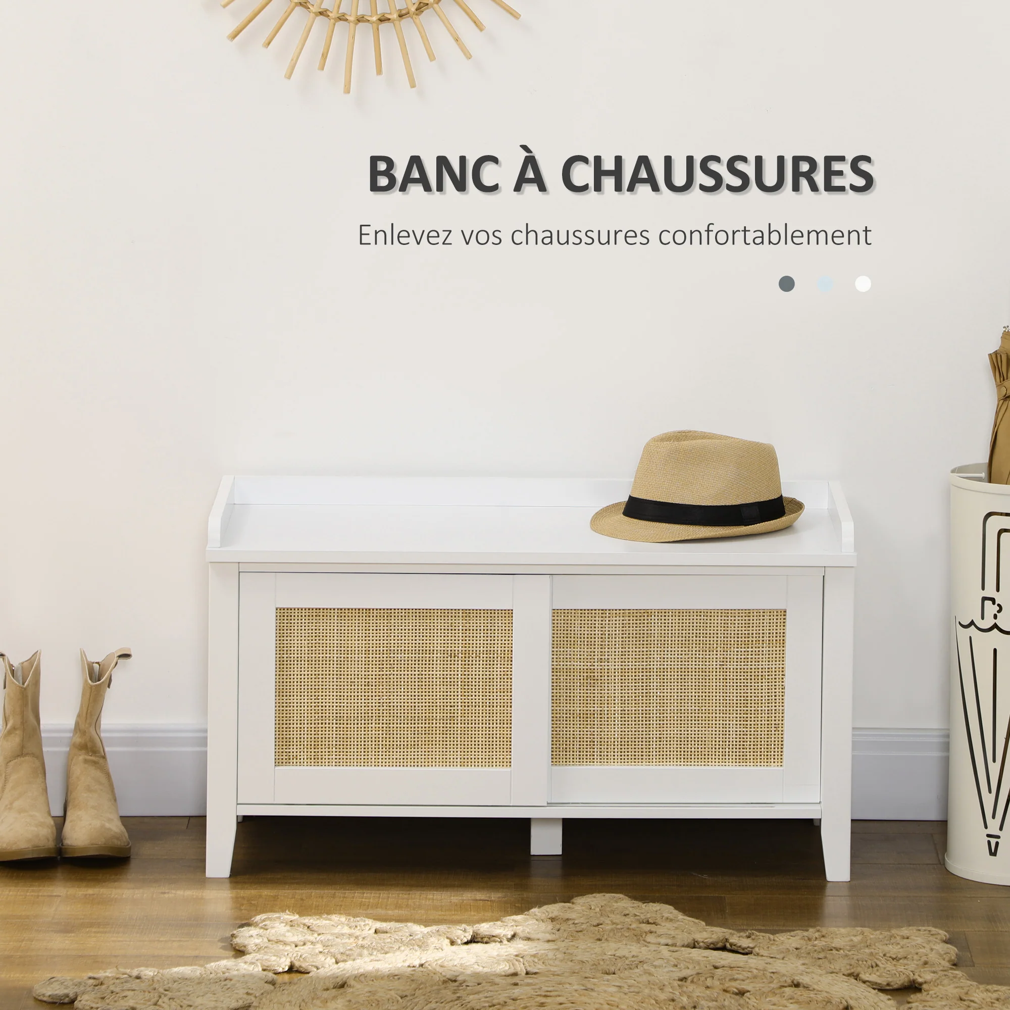 Banc à chaussures meuble de rangement avec étagère sur pieds 2 placards avec façades cannage blanc - Image 7