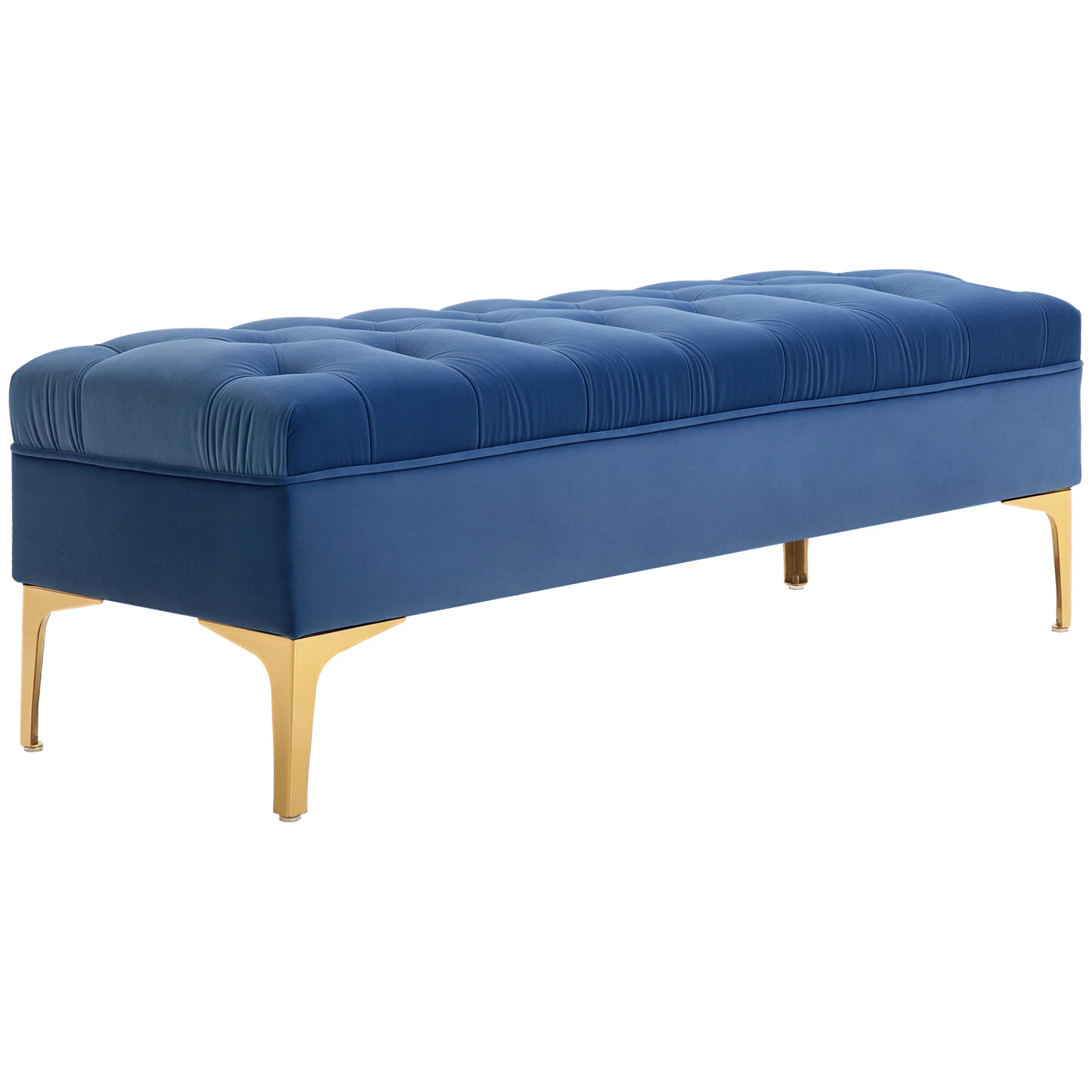 Banc banquette capitonnée bout de lit style classique chic dim. 118L x 45l x 42H cm piètement métal doré velours bleu - Image 11