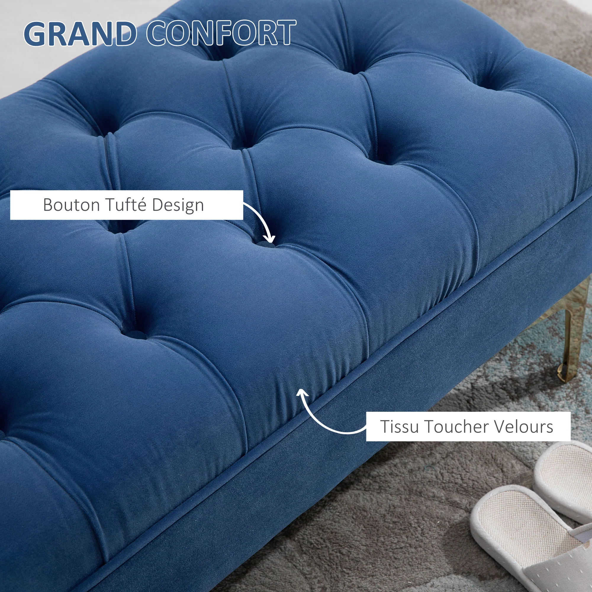 Banc banquette capitonnée bout de lit style classique chic dim. 118L x 45l x 42H cm piètement métal doré velours bleu - Image 5