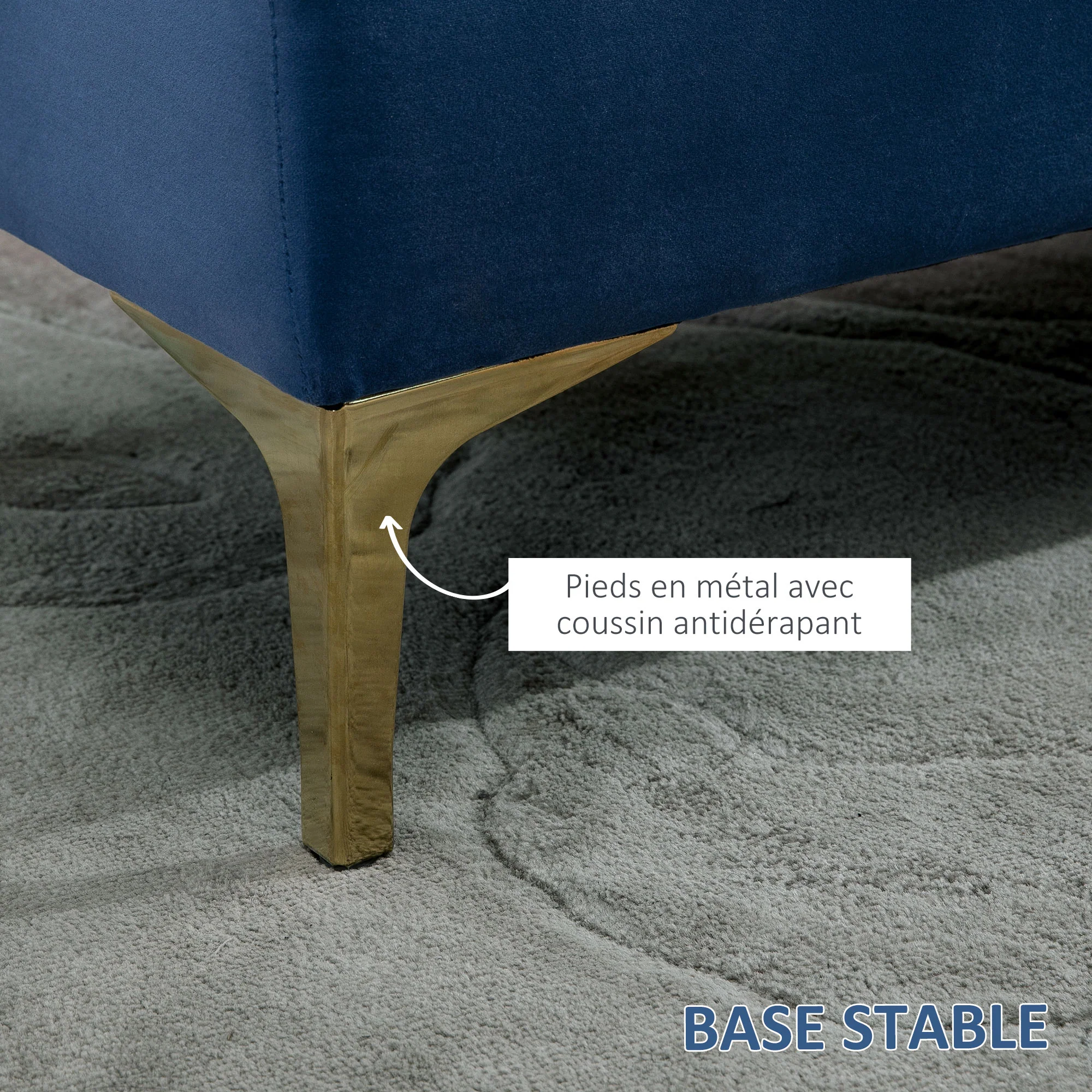 Banc banquette capitonnée bout de lit style classique chic dim. 118L x 45l x 42H cm piètement métal doré velours bleu - Image 6