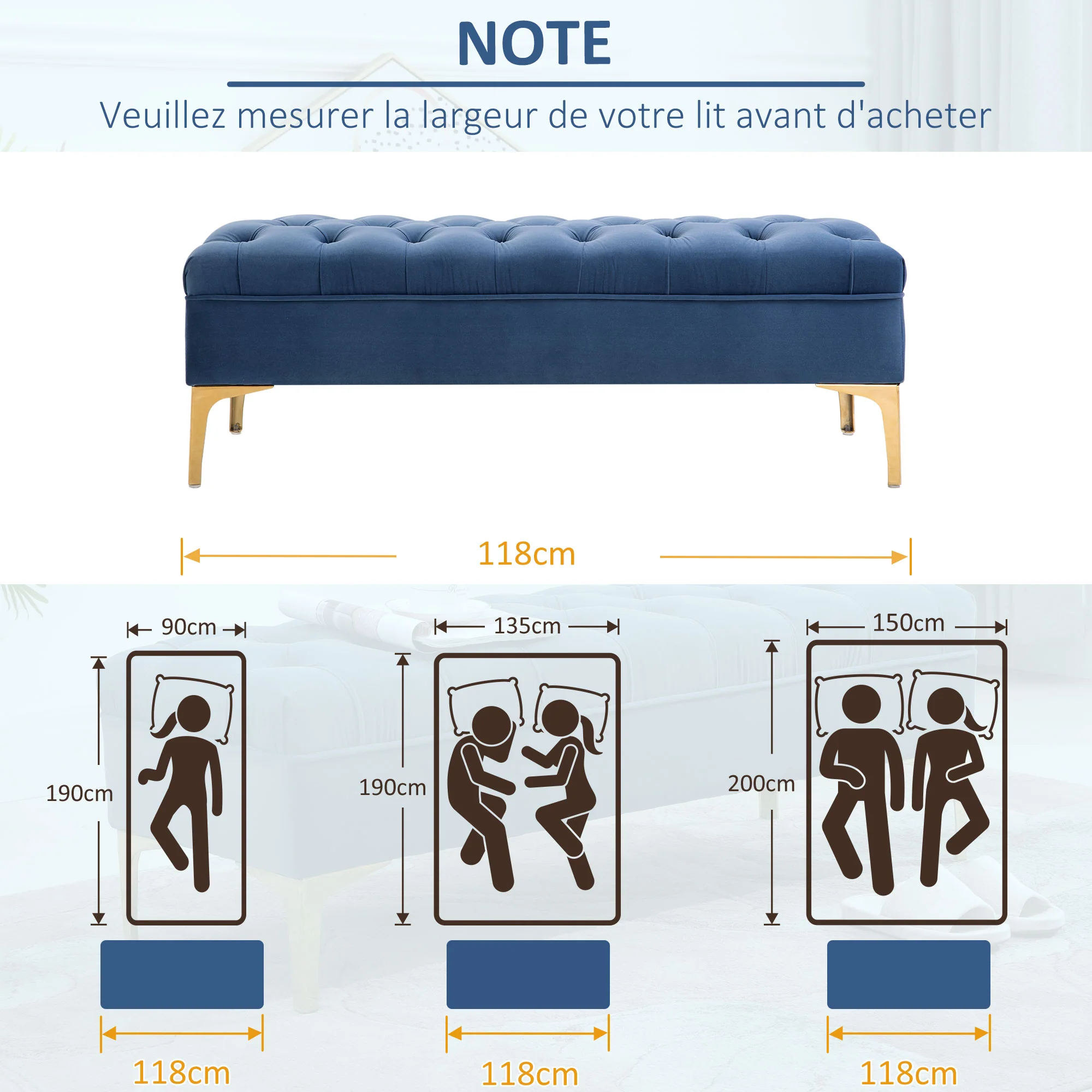 Banc banquette capitonnée bout de lit style classique chic dim. 118L x 45l x 42H cm piètement métal doré velours bleu - Image 7