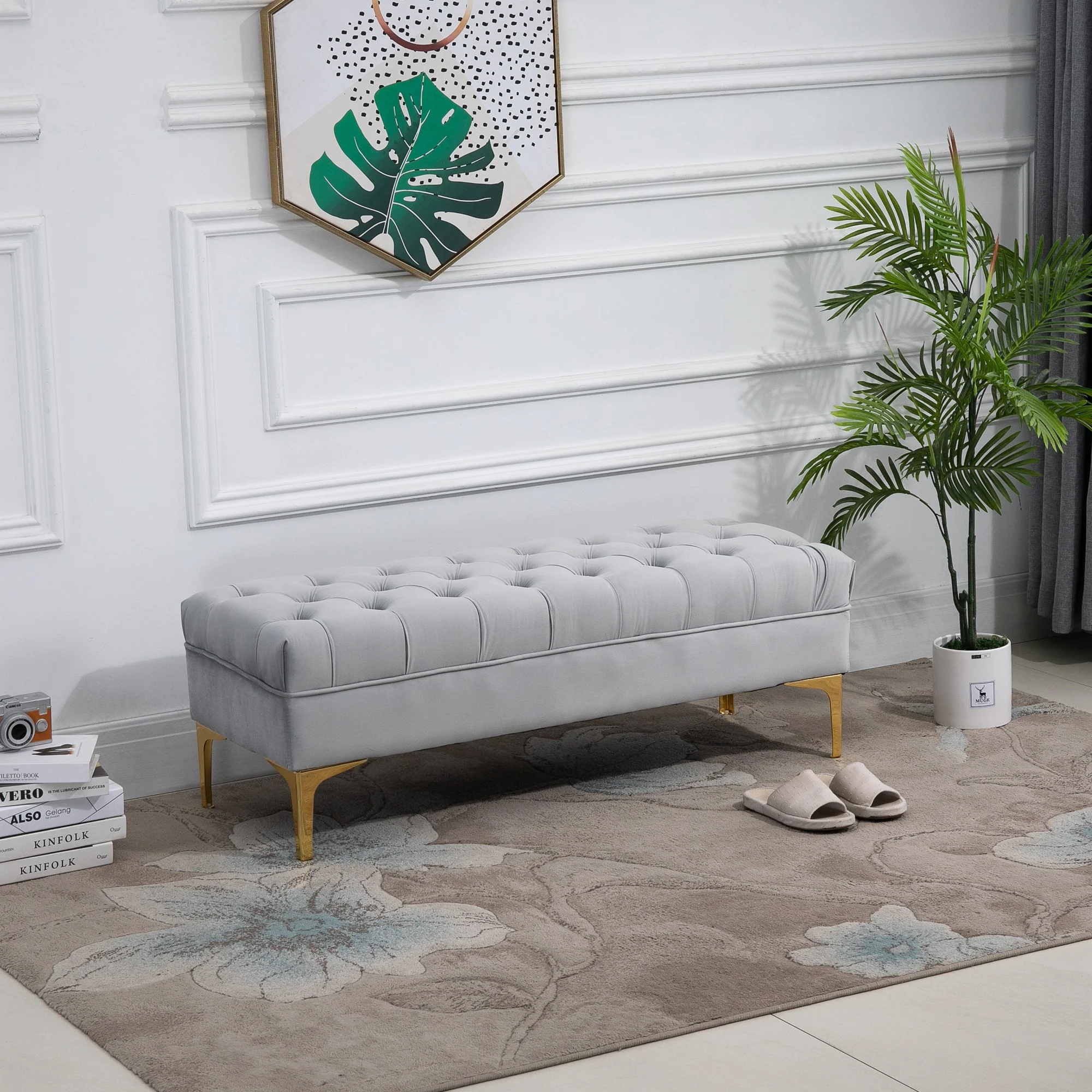 Banc banquette capitonnée bout de lit style classique chic dim. 118L x 45l x 42H cm piètement métal doré velours gris clair - Image 10