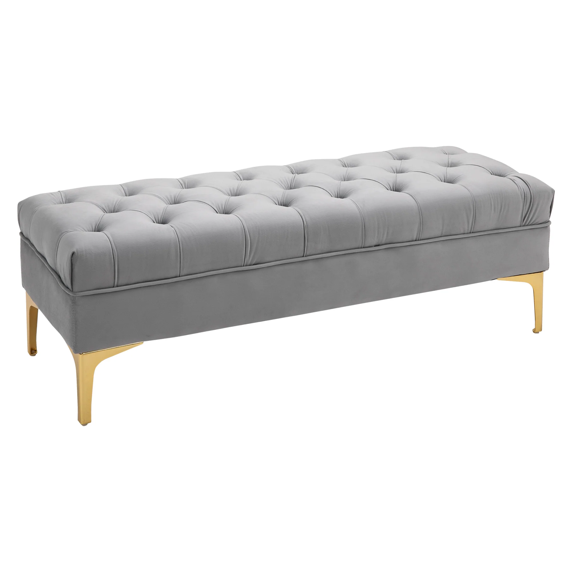 Banc banquette capitonnée bout de lit style classique chic dim. 118L x 45l x 42H cm piètement métal doré velours gris clair - Image 11