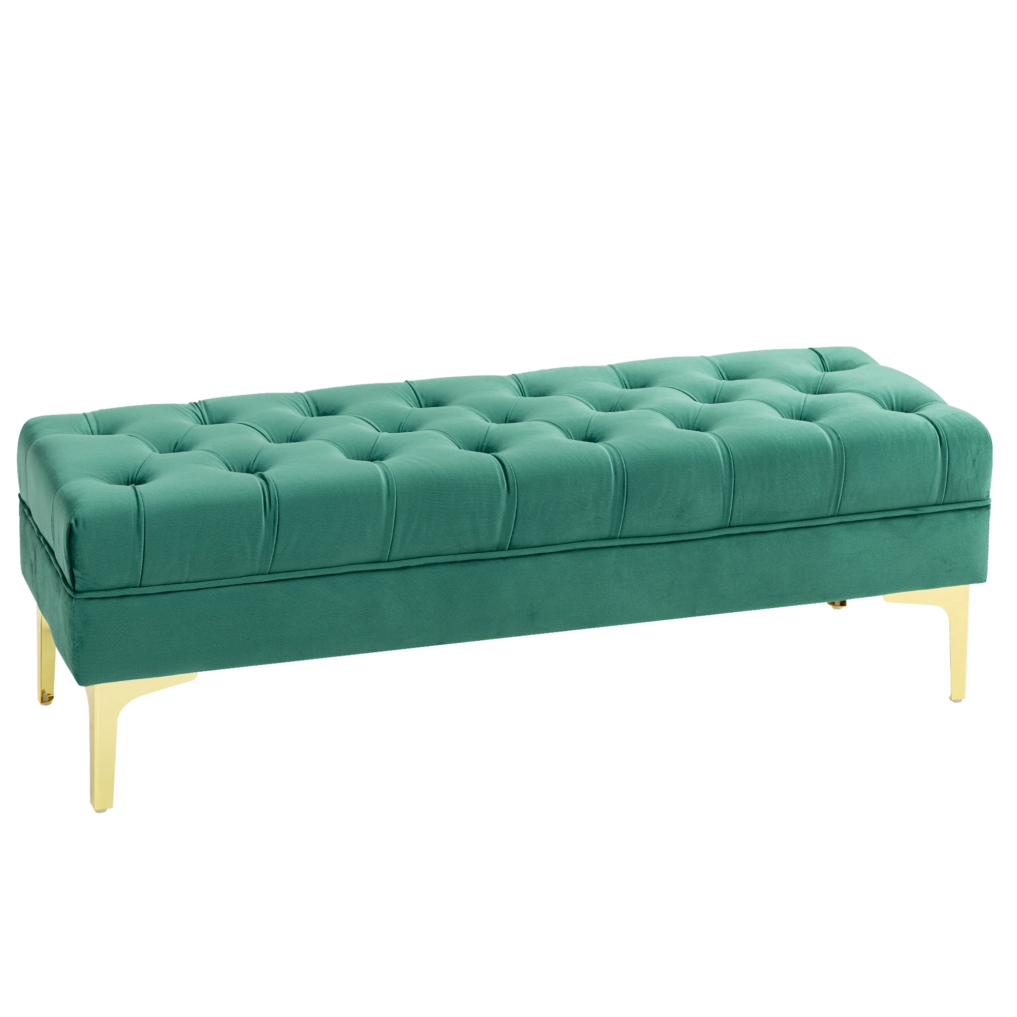 Banc banquette capitonnée bout de lit style classique chic dim. 118L x 45l x 42H cm piètement métal doré velours vert
