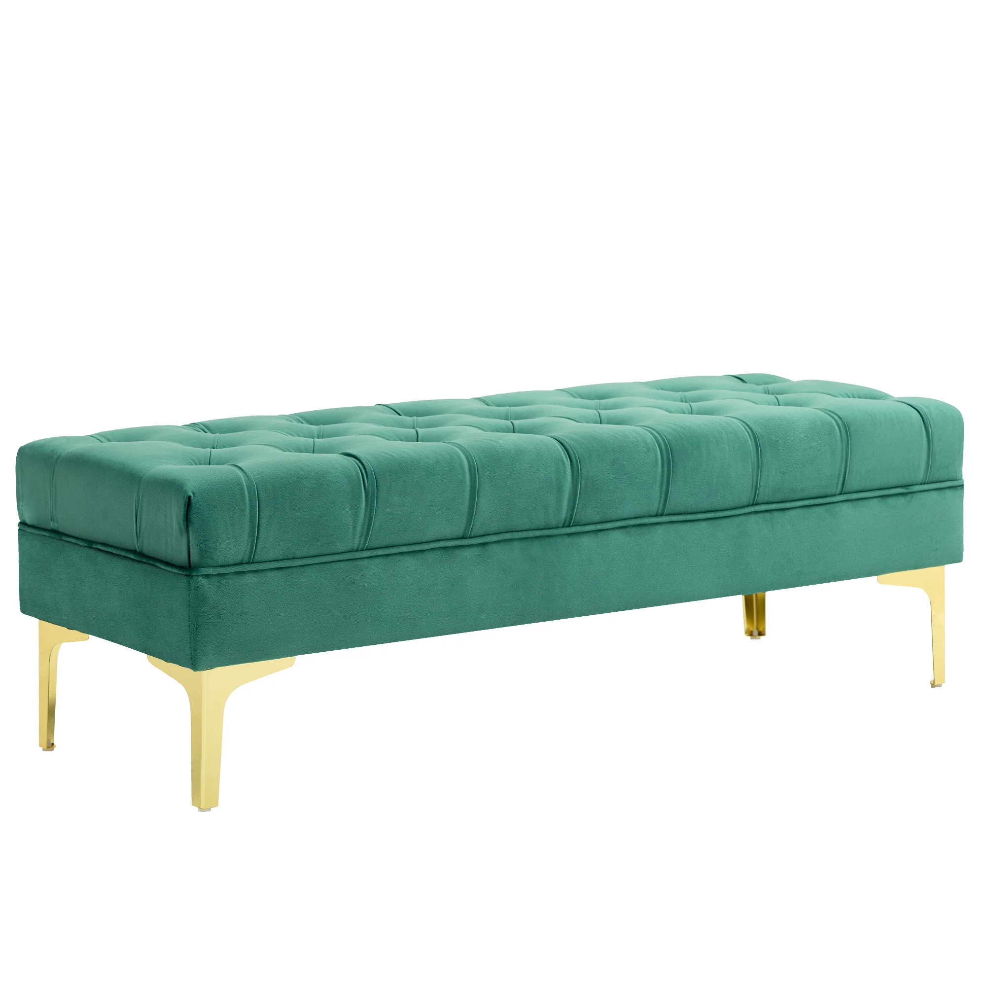 Banc banquette capitonnée bout de lit style classique chic dim. 118L x 45l x 42H cm piètement métal doré velours vert - Image 2