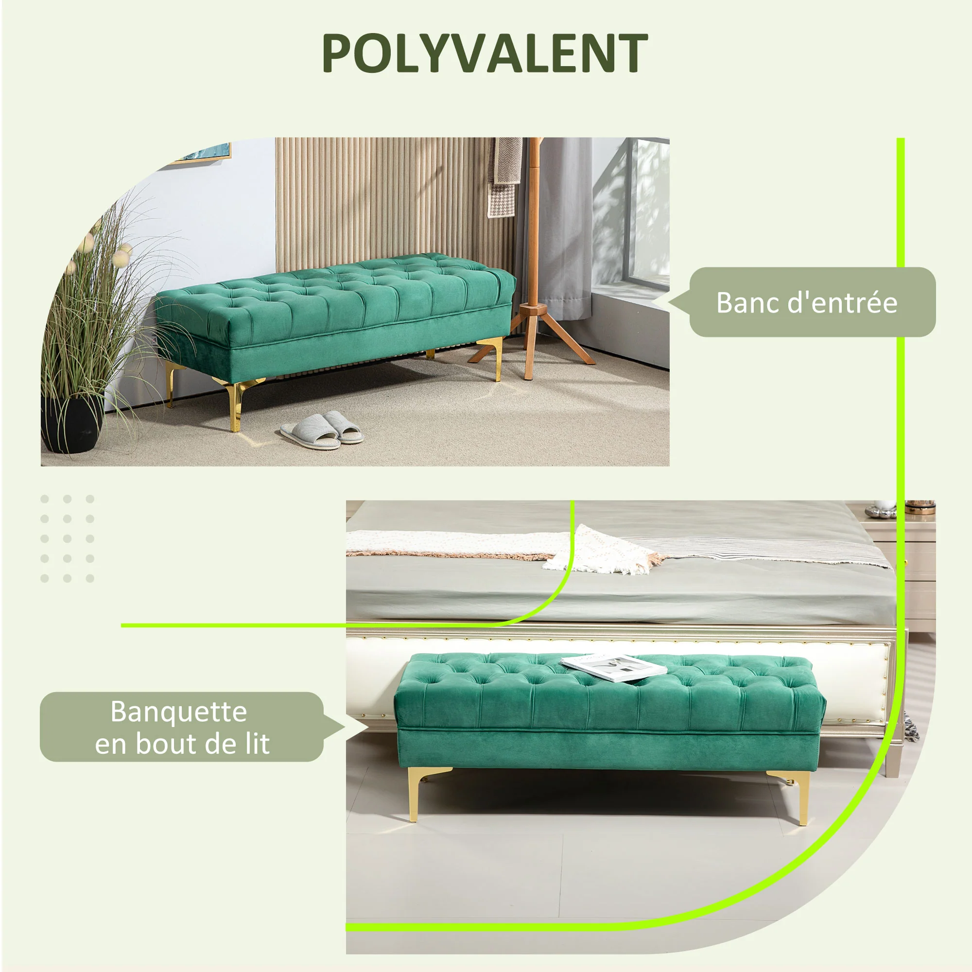 Banc banquette capitonnée bout de lit style classique chic dim. 118L x 45l x 42H cm piètement métal doré velours vert - Image 5