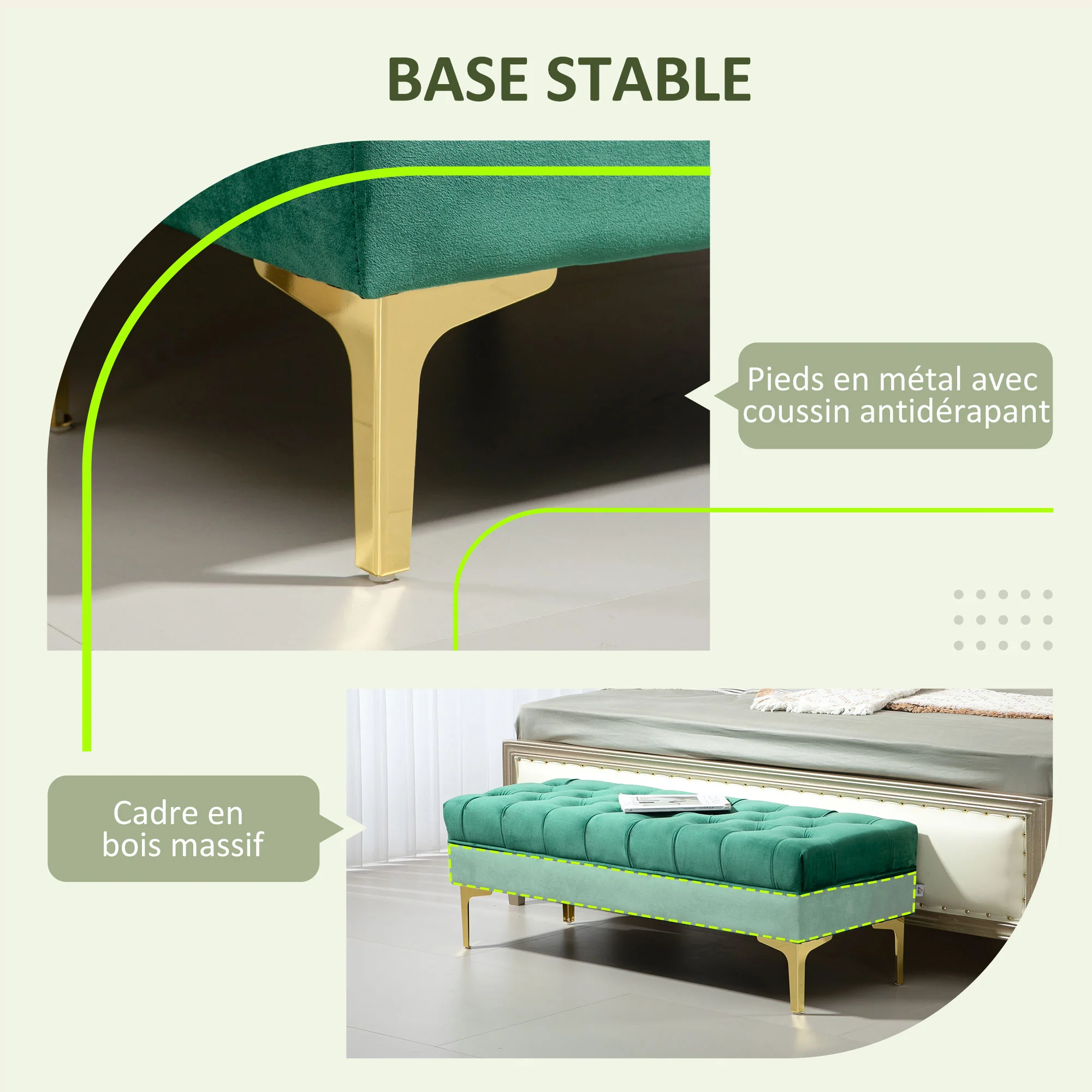 Banc banquette capitonnée bout de lit style classique chic dim. 118L x 45l x 42H cm piètement métal doré velours vert - Image 7