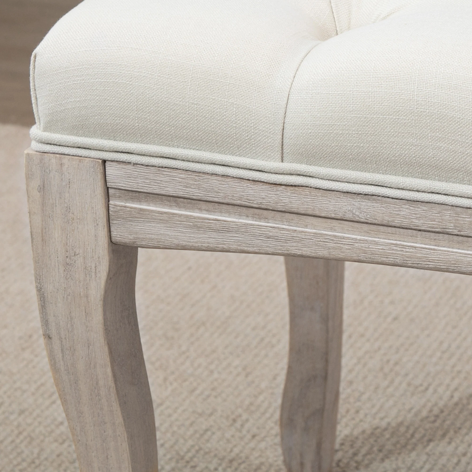 Banc Banquette capitonnée Style Classique 110 cm Bout de lit Rembourrée en lin piètement Bois hévéa sculpté Lin Beige - Image 10