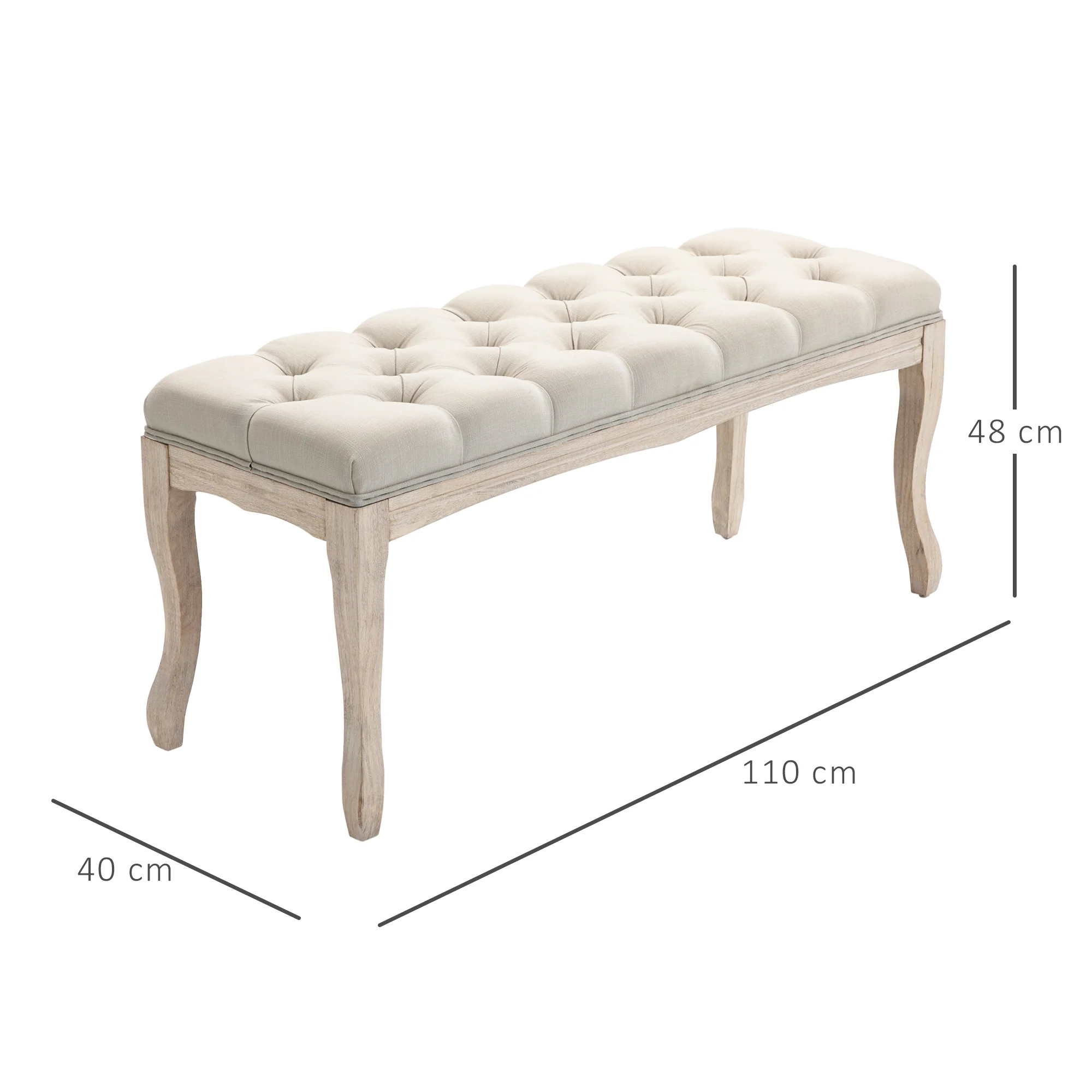 Banc Banquette capitonnée Style Classique 110 cm Bout de lit Rembourrée en lin piètement Bois hévéa sculpté Lin Beige - Image 4